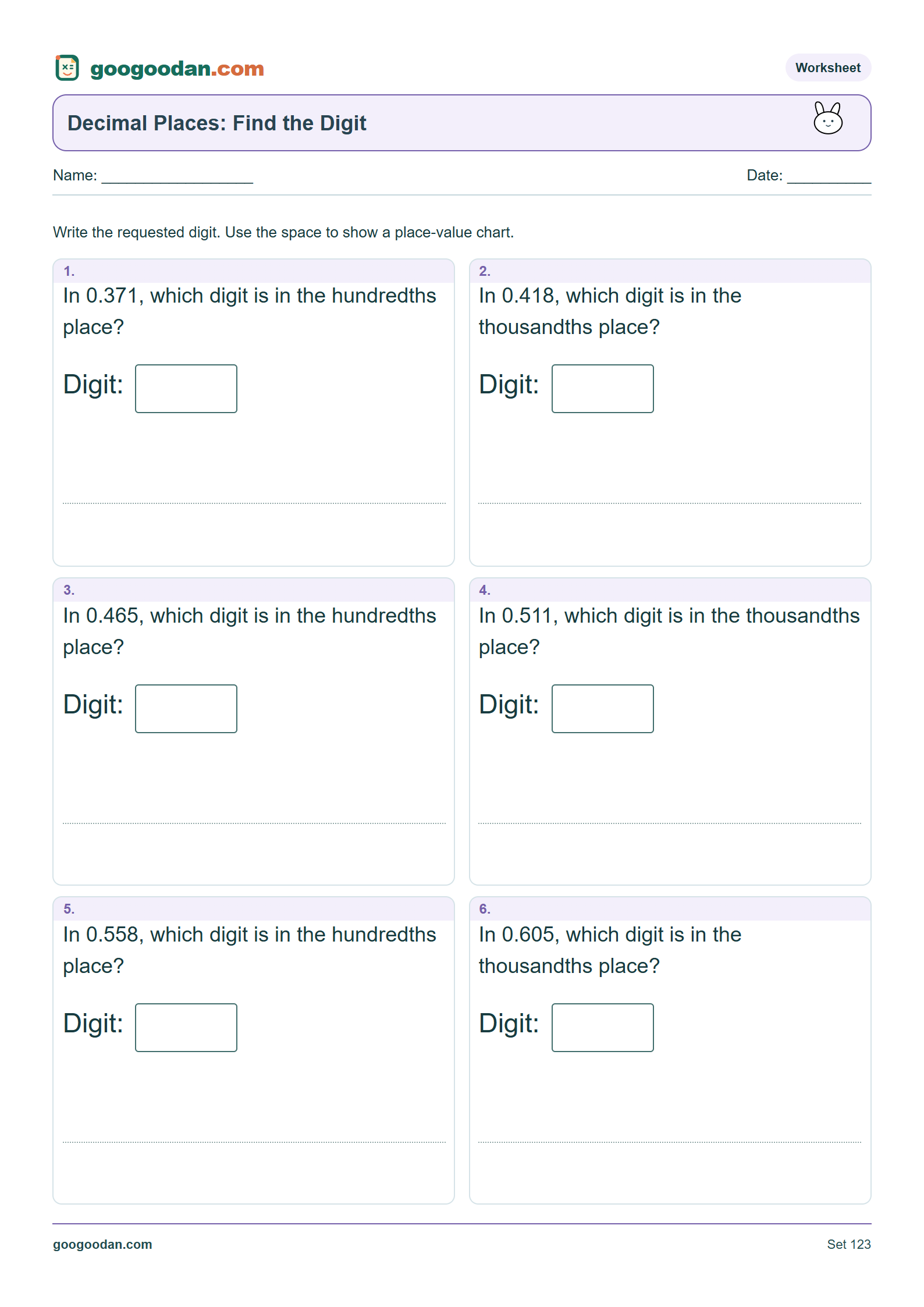 Full printable worksheet preview: Decimal Place Value: Find the Digit