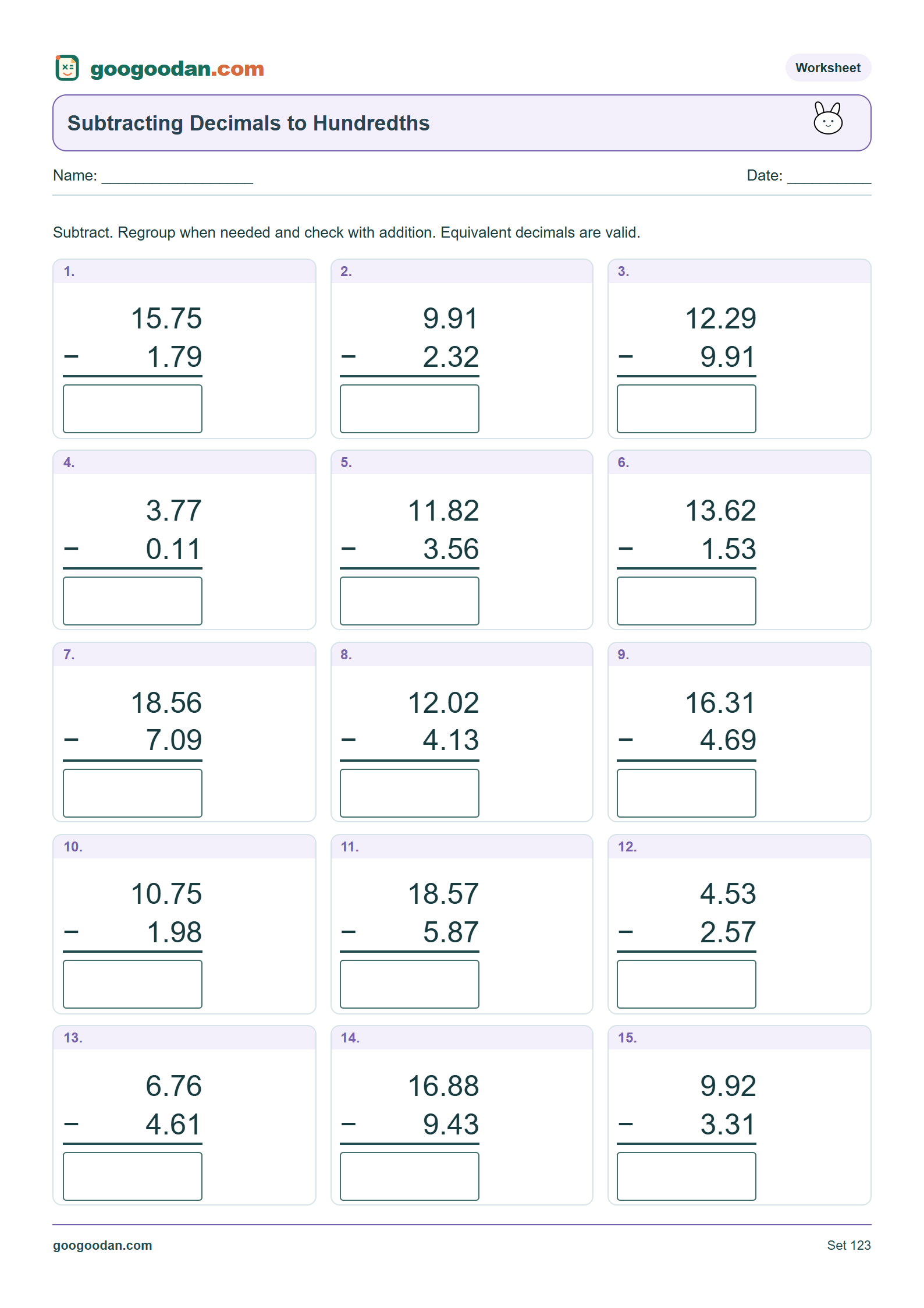 Full printable worksheet preview: Subtracting Decimals to Hundredths Worksheets