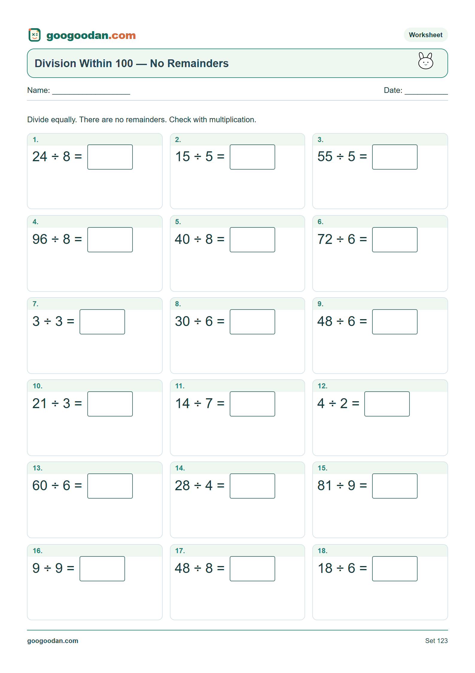 Full printable worksheet preview: Division Without Remainders Worksheets