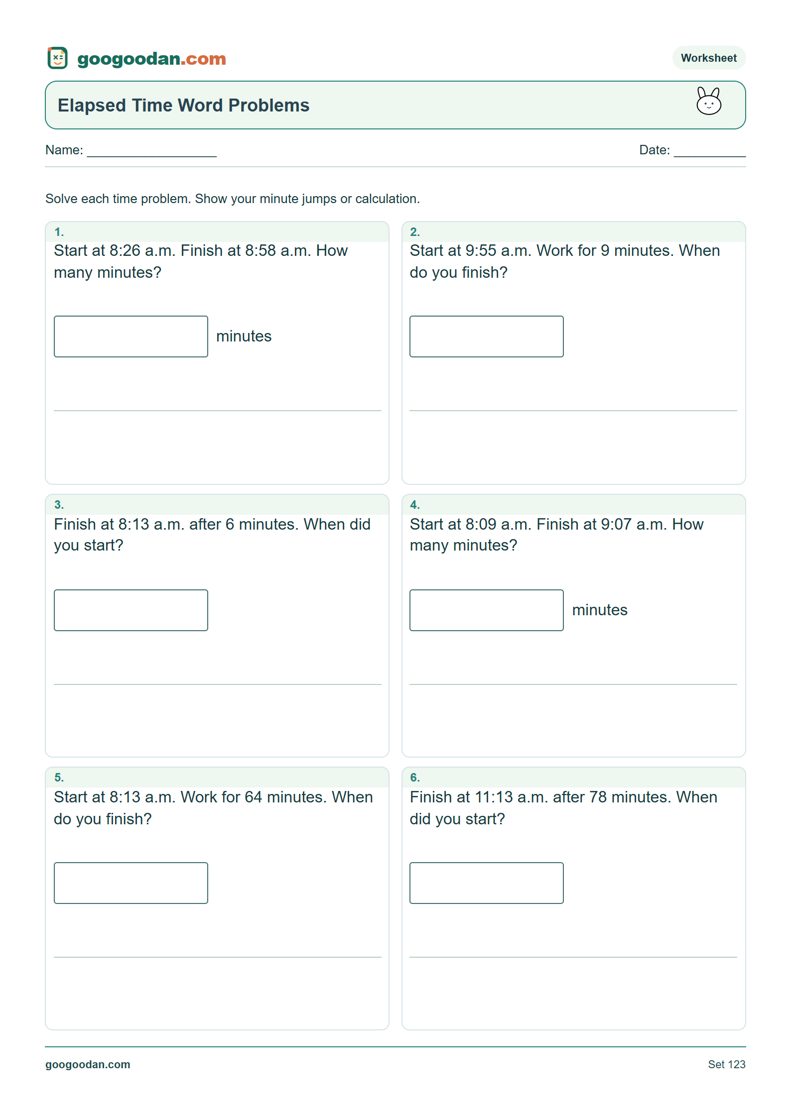 Full printable worksheet preview: Elapsed Time Word Problems