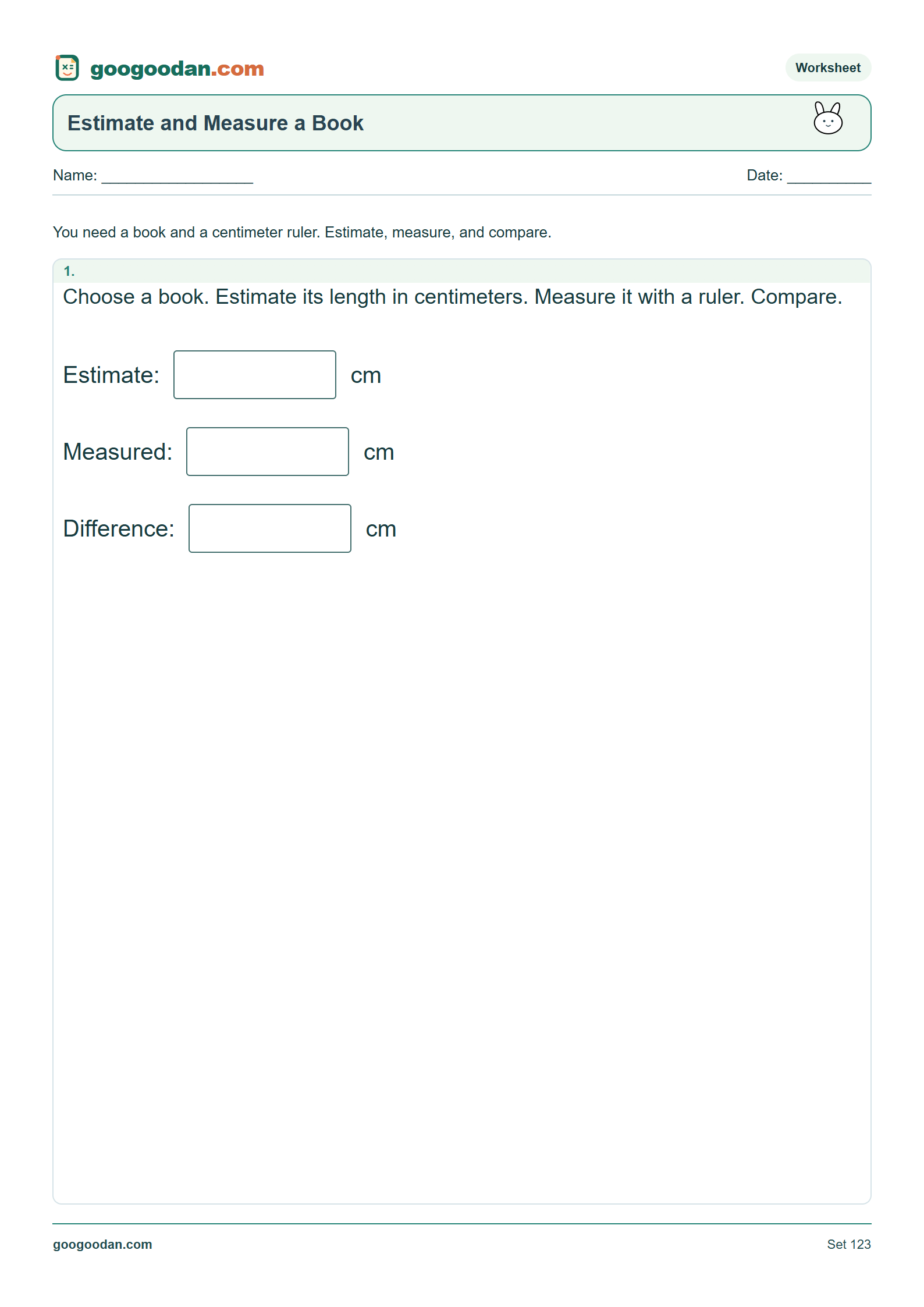 Full printable worksheet preview: Estimate and Measure a Book