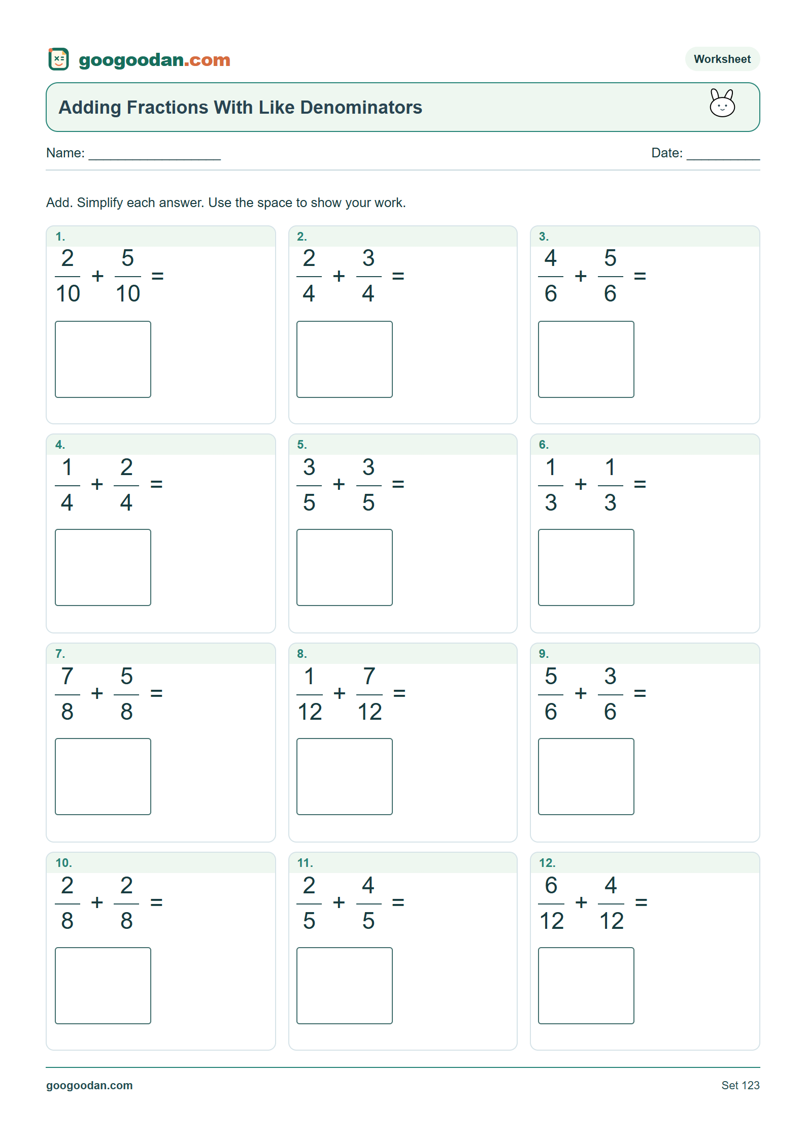 Full printable worksheet preview: Adding Fractions With Like Denominators