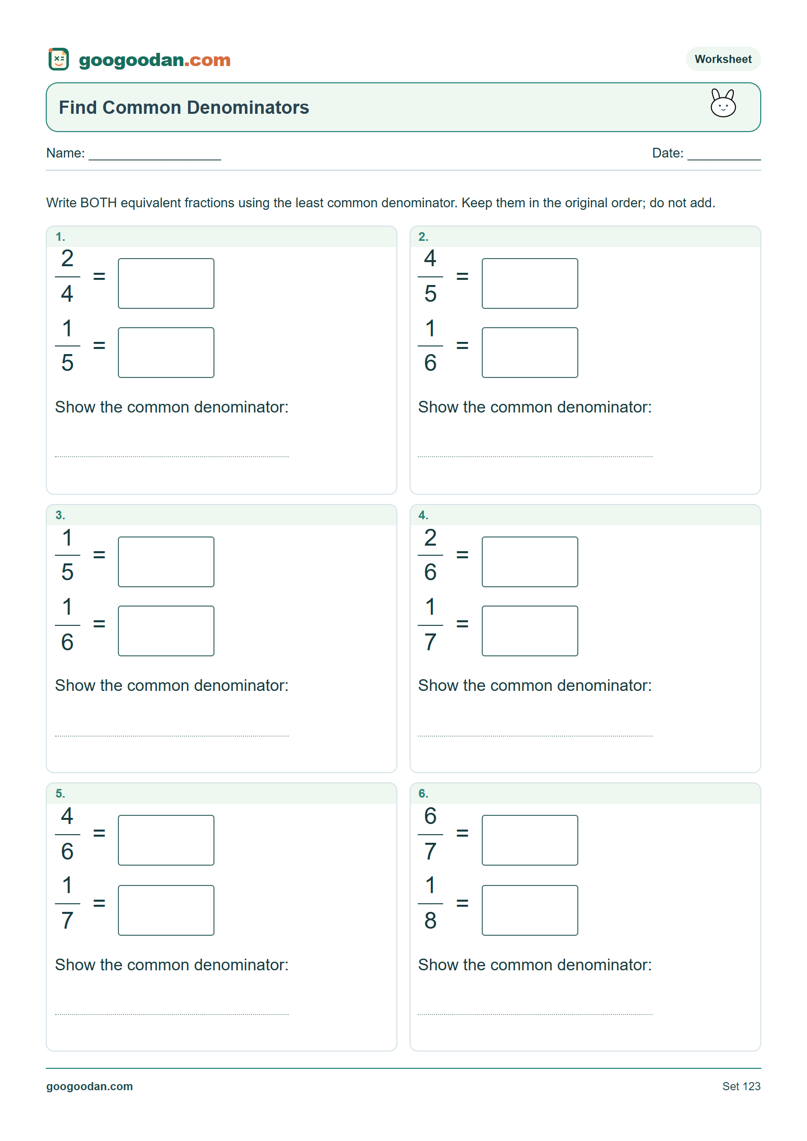 Full printable worksheet preview: Finding Common Denominators