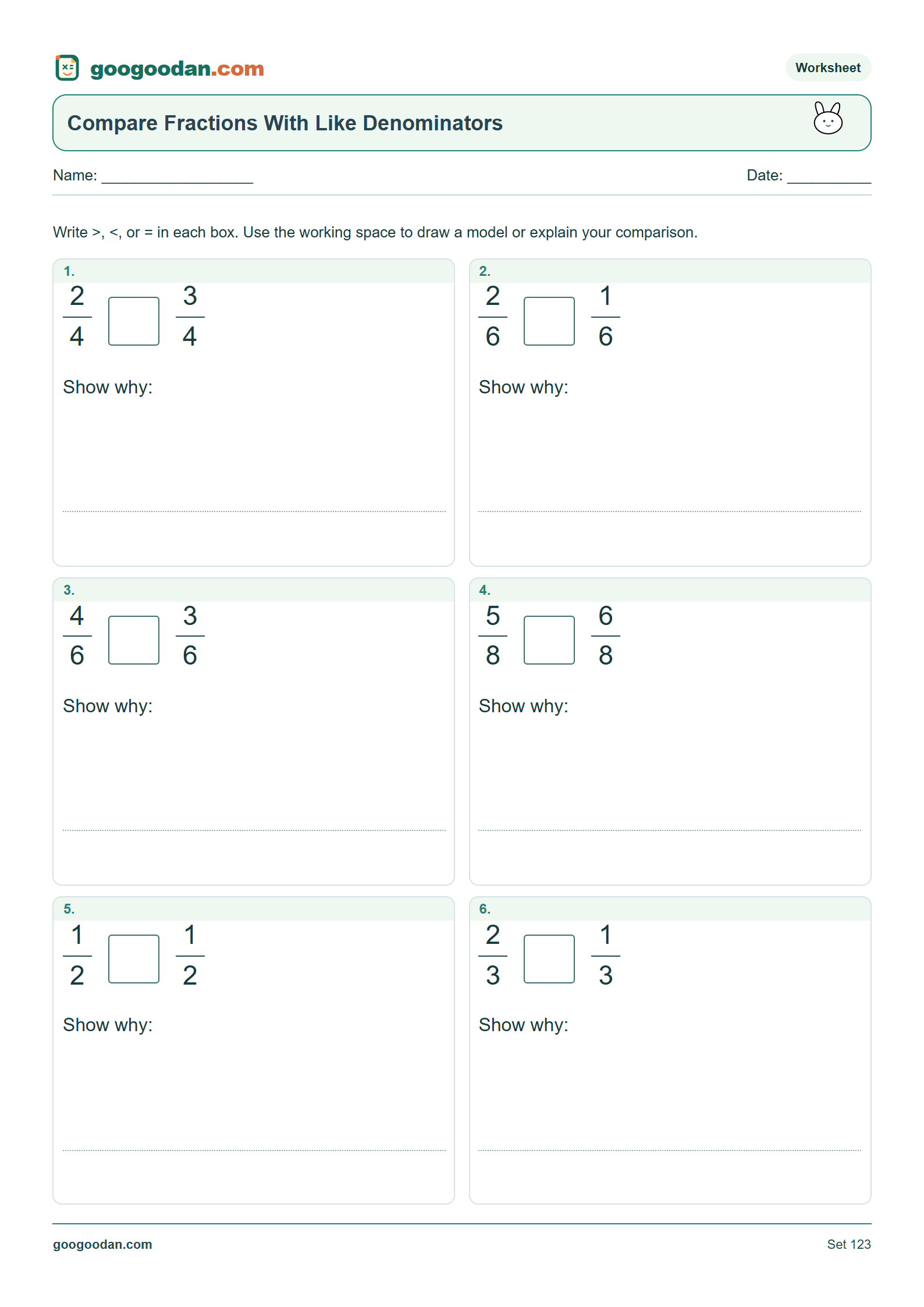 Full printable worksheet preview: Comparing Fractions With the Same Denominator