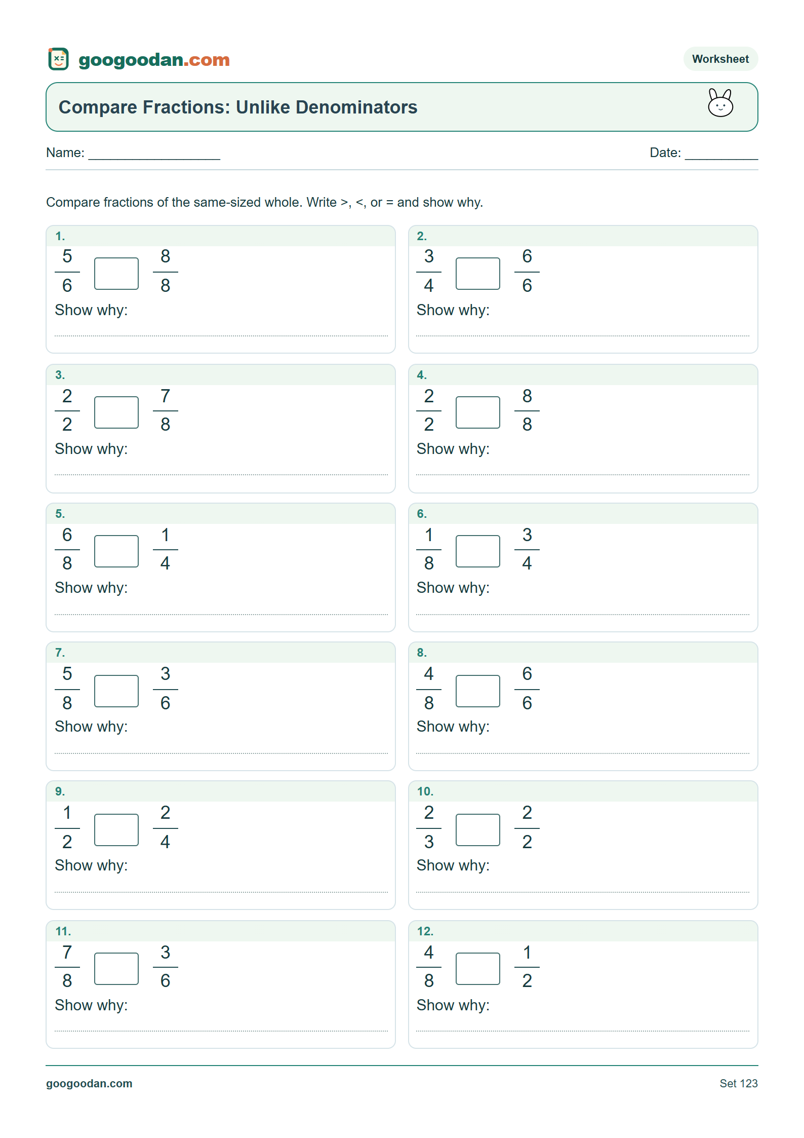 Full printable worksheet preview: Comparing Fractions with Unlike Denominators