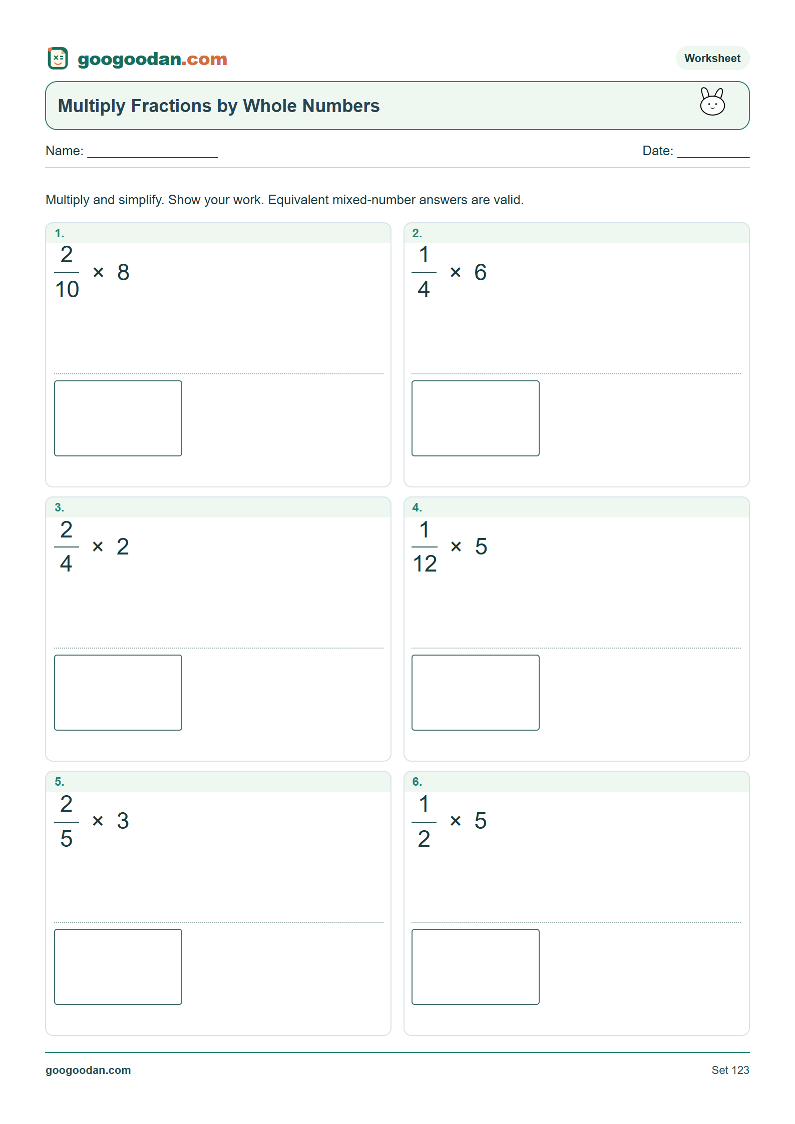 Full printable worksheet preview: Multiplying Fractions by Whole Numbers Worksheets
