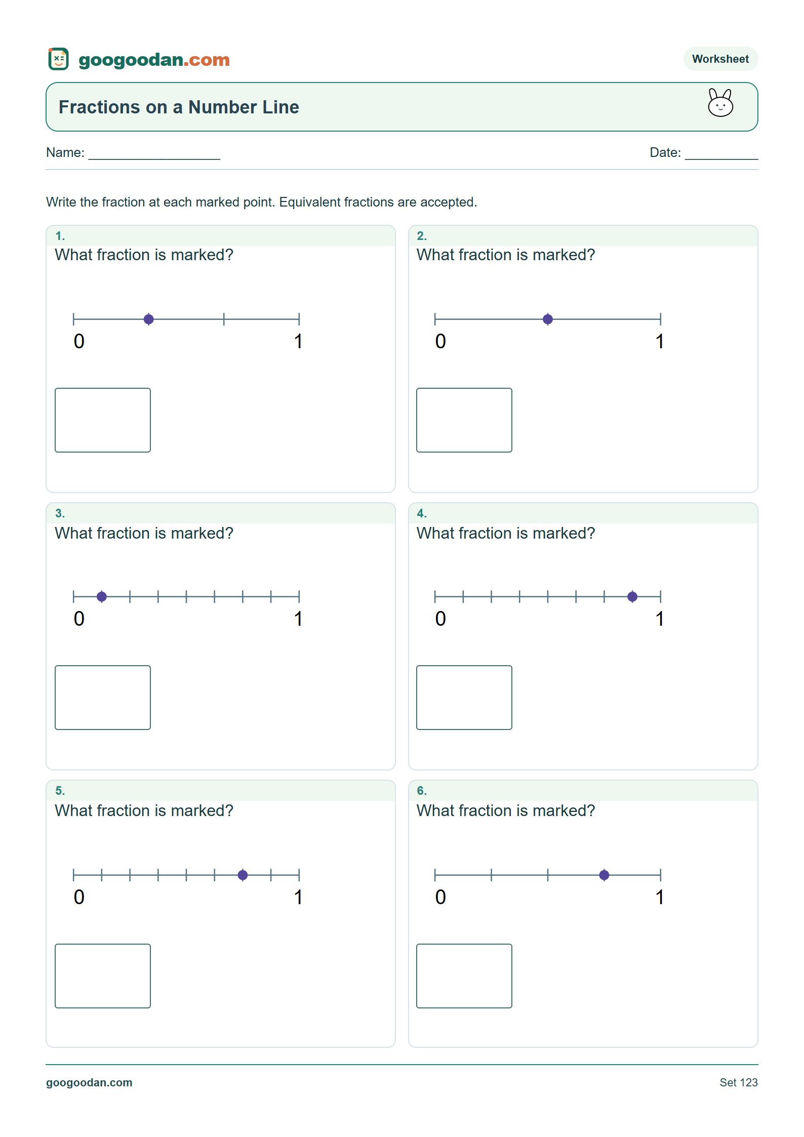Full printable worksheet preview: Fractions on a Number Line