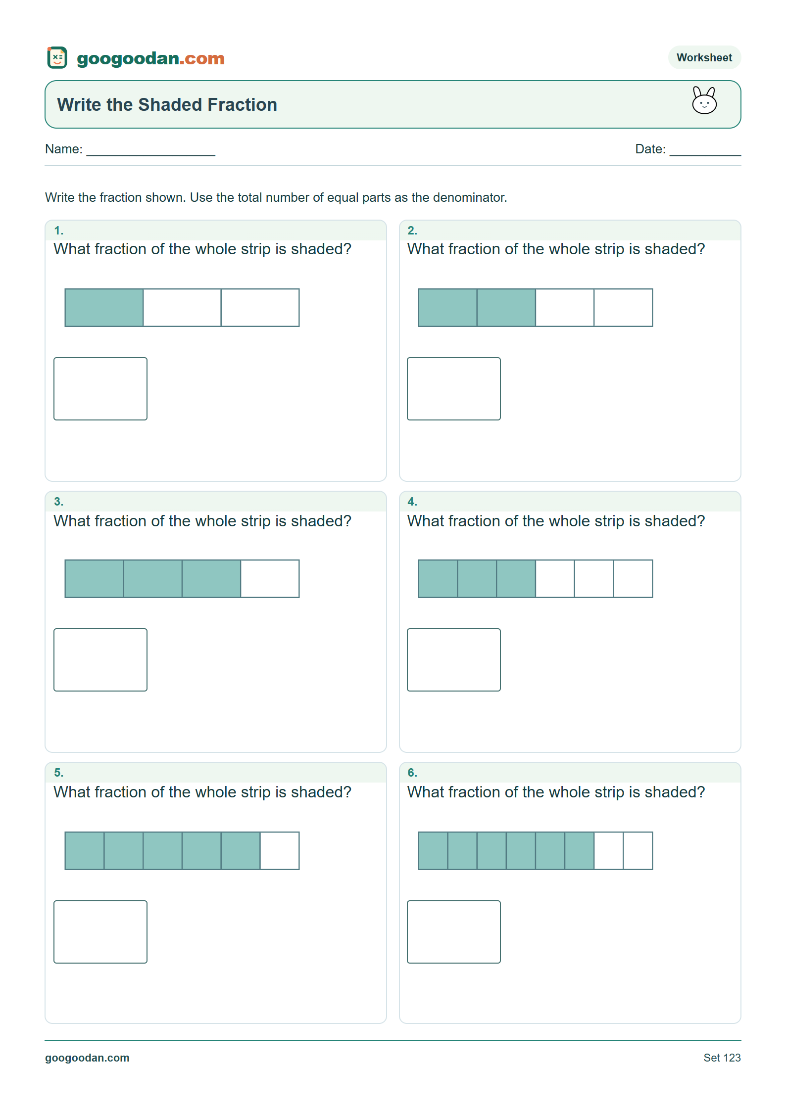 Full printable worksheet preview: Write Fractions From Shaded Parts