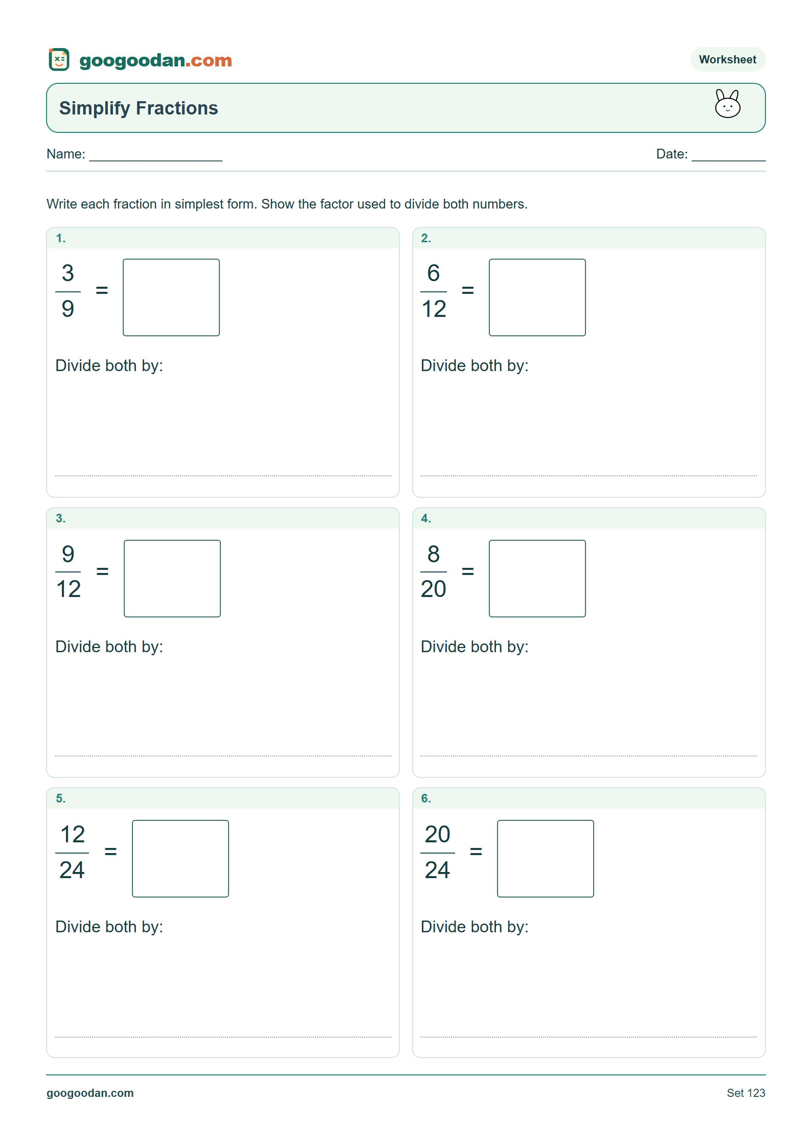 Full printable worksheet preview: Simplifying Fractions