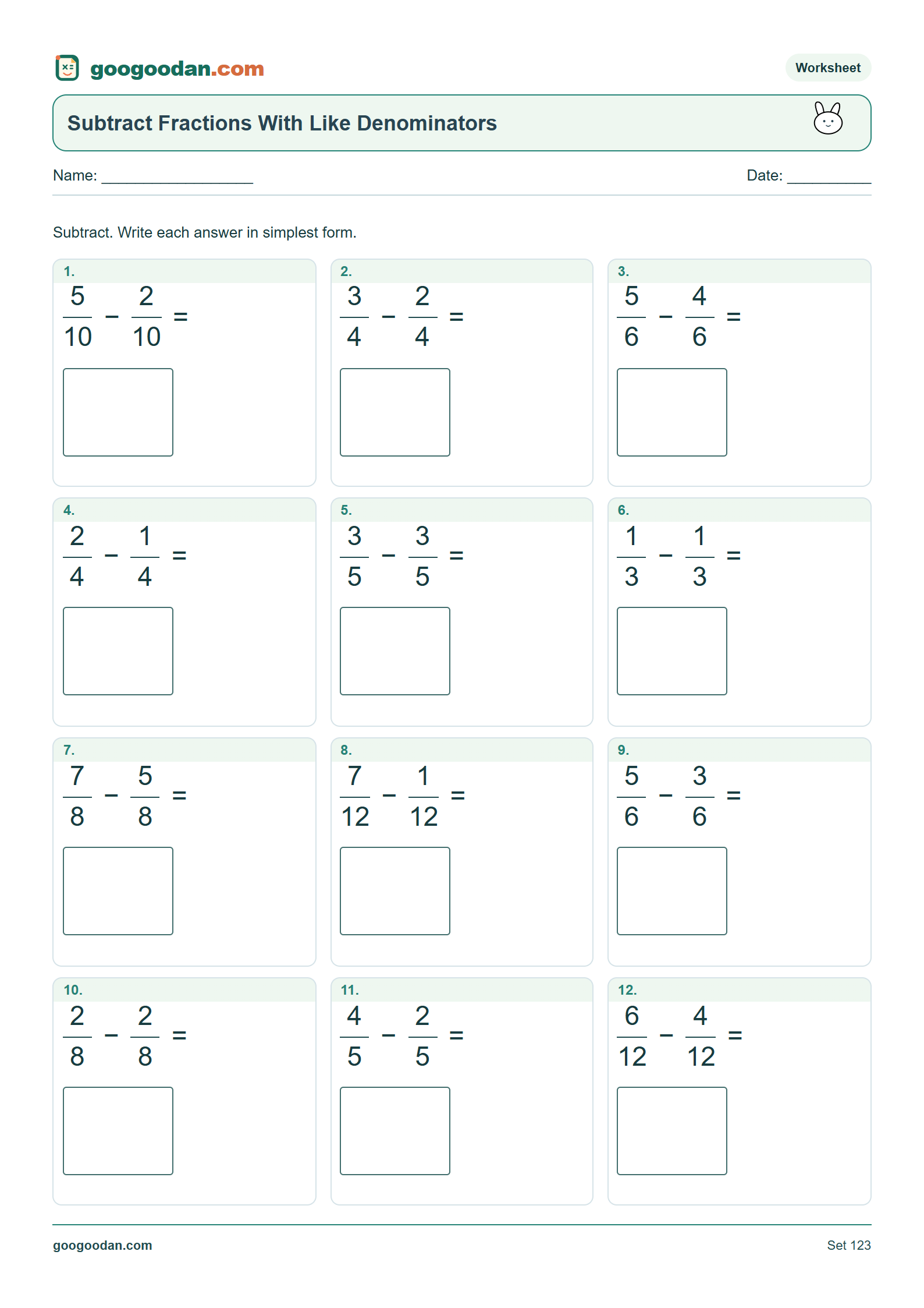 Full printable worksheet preview: Subtracting Fractions With Like Denominators