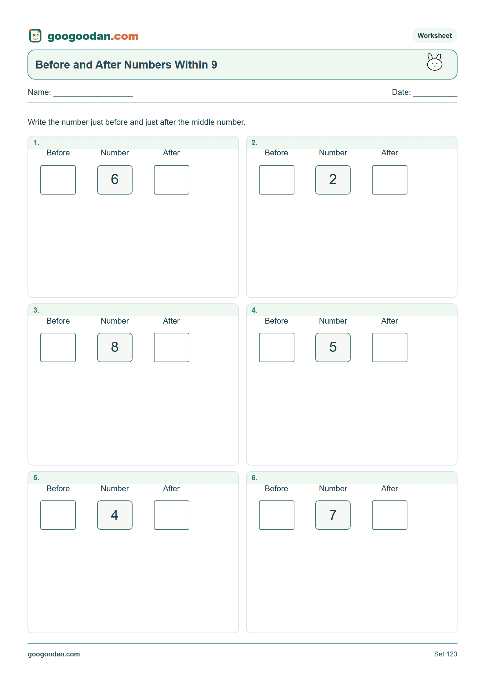 Full printable worksheet preview: Before and After Numbers Worksheets for Kindergarten