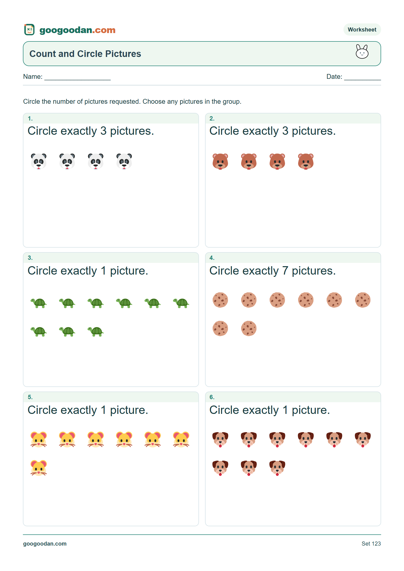 Full printable worksheet preview: Count and Circle Worksheets for Kindergarten