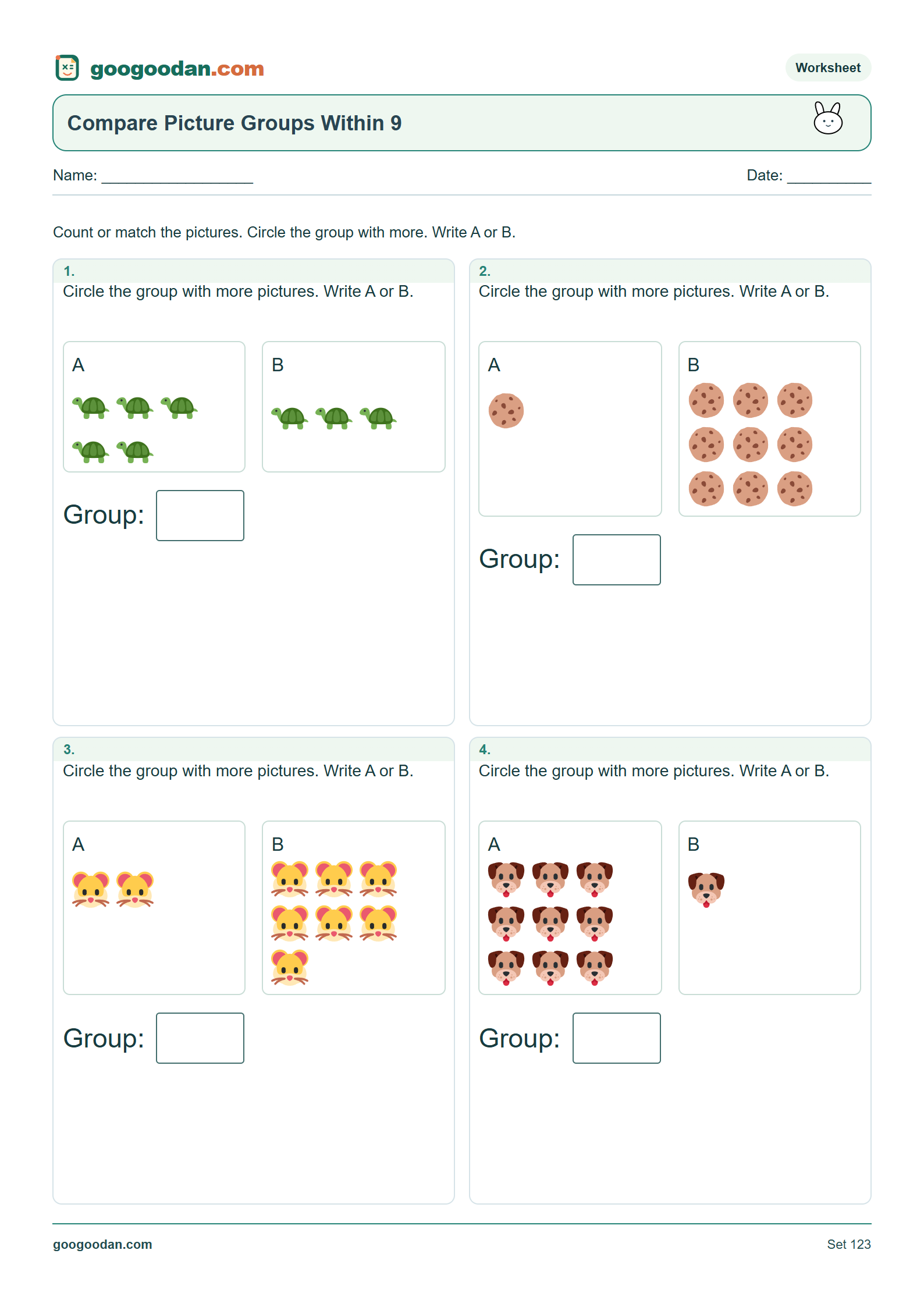 Full printable worksheet preview: Comparing Groups Worksheets for Kindergarten