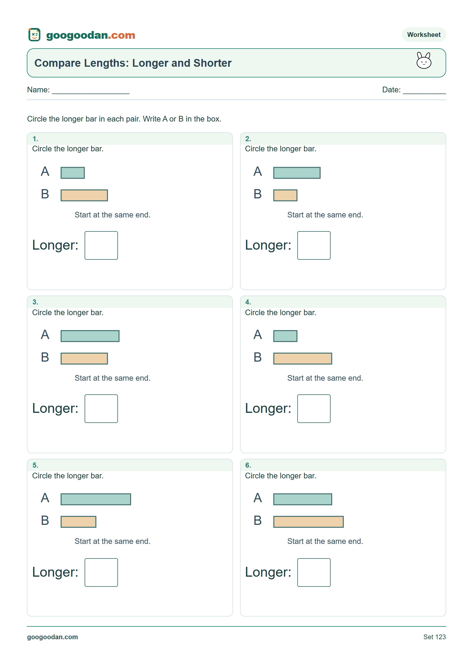 Full printable worksheet preview: Longer and Shorter Worksheets for Kindergarten