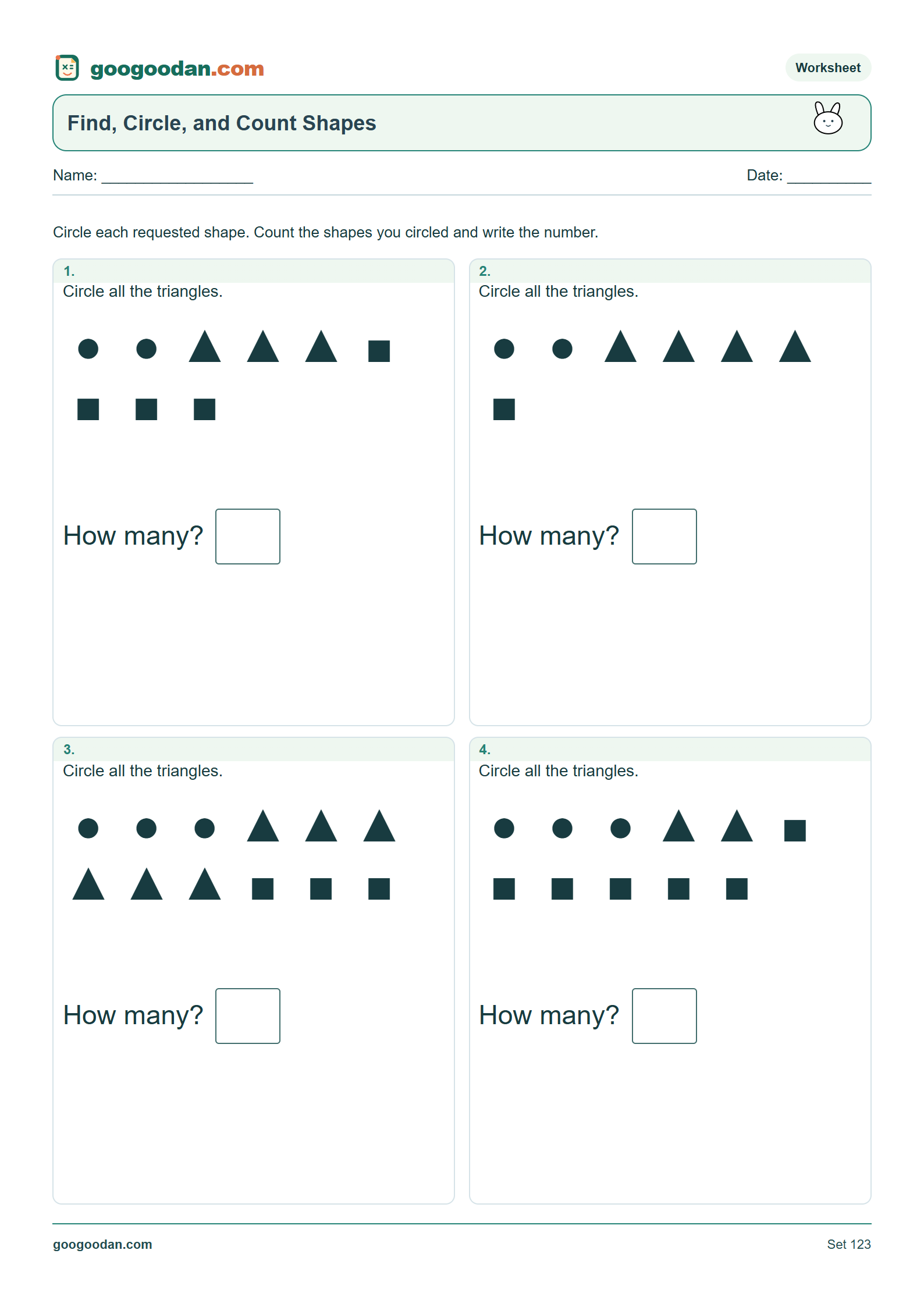 Full printable worksheet preview: Sort and Count Shapes Worksheets for Kindergarten
