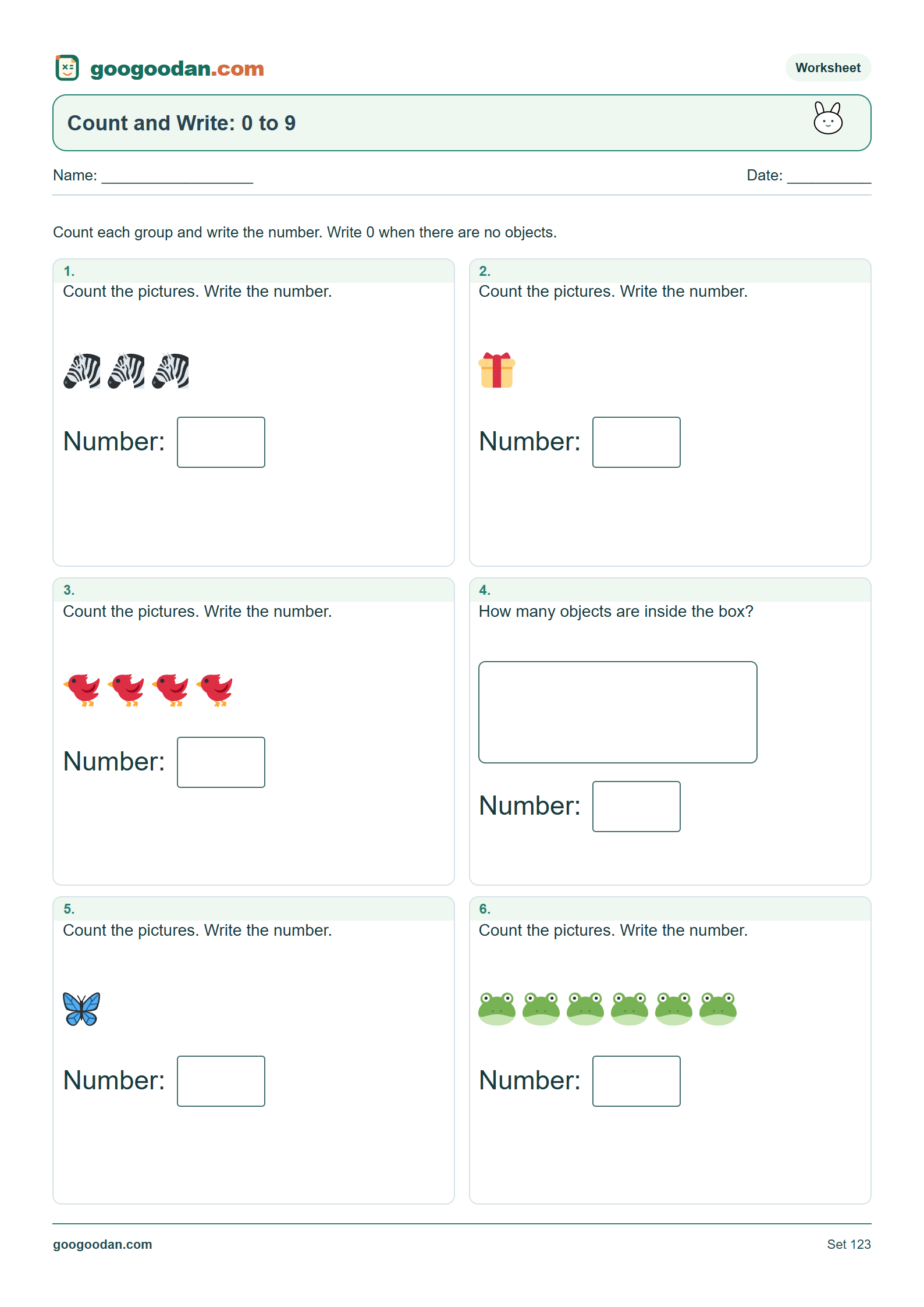 Full printable worksheet preview: Count and Write Worksheets for Kindergarten