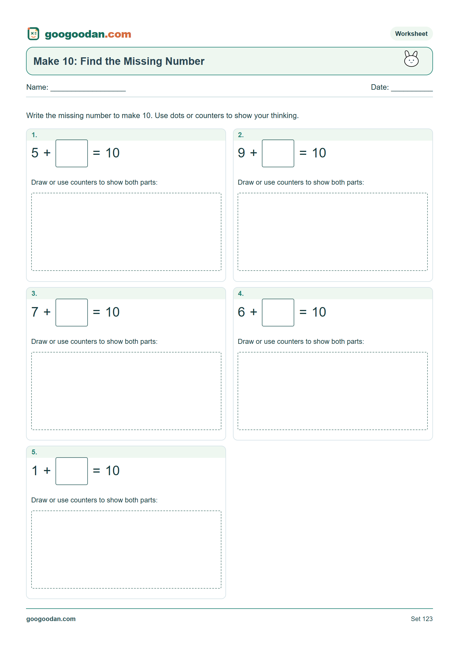 Full printable worksheet preview: Make 10 Missing Addend Worksheets
