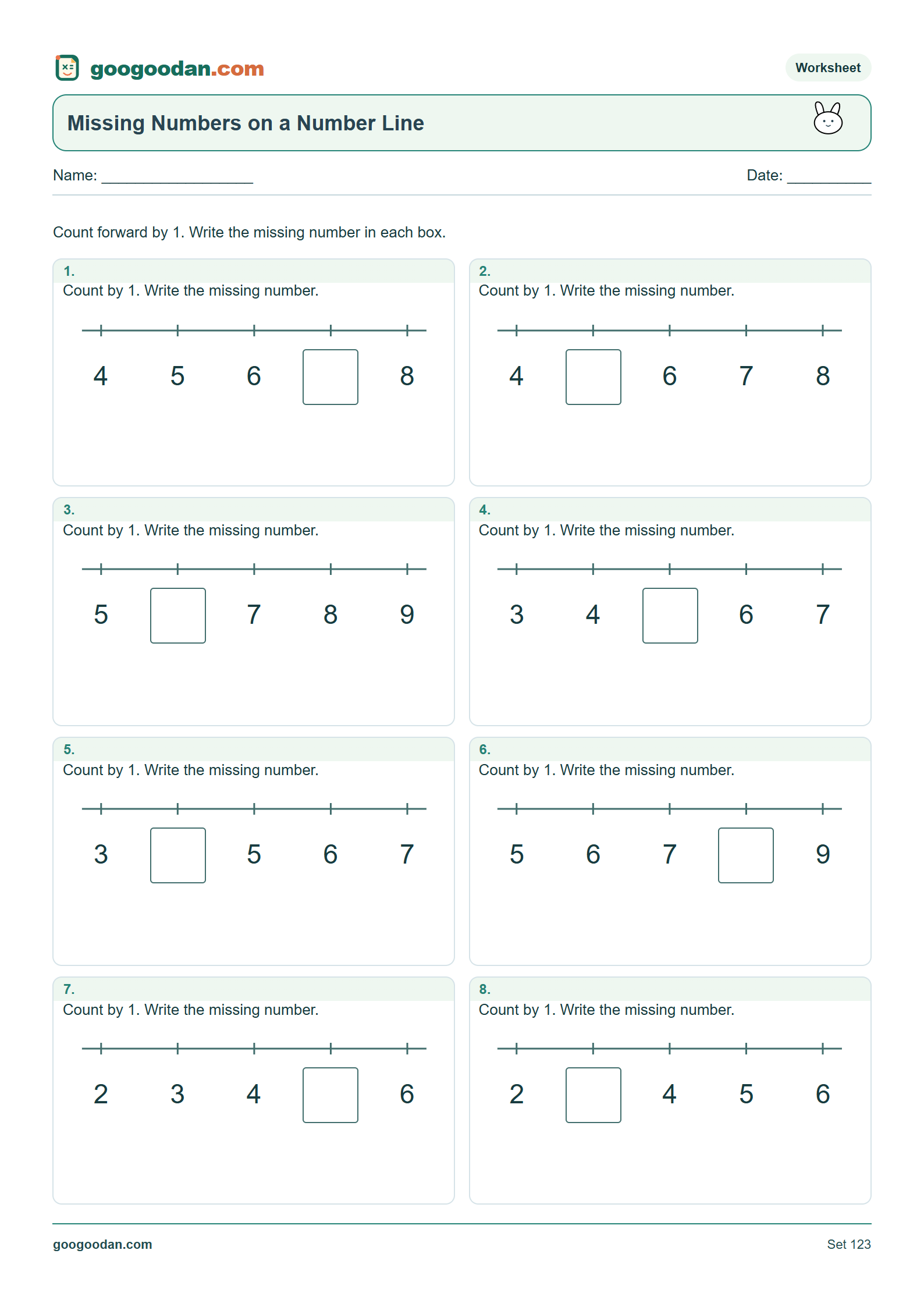 Full printable worksheet preview: Missing Numbers on a Number Line Worksheets for Kindergarten