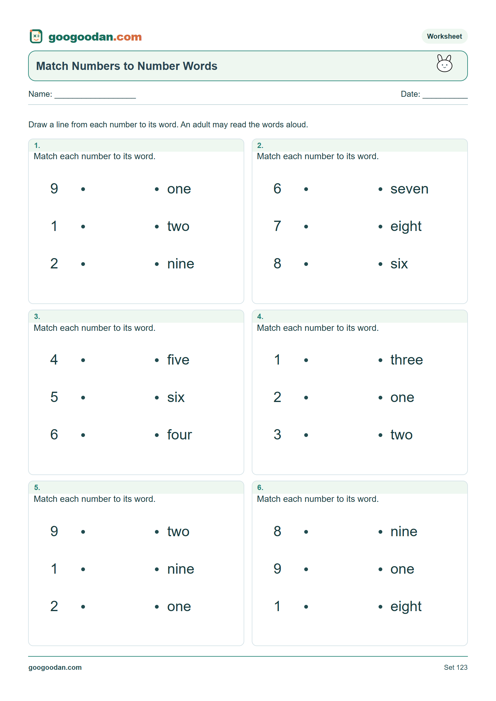 Full printable worksheet preview: Number Word Matching Worksheets for Kindergarten
