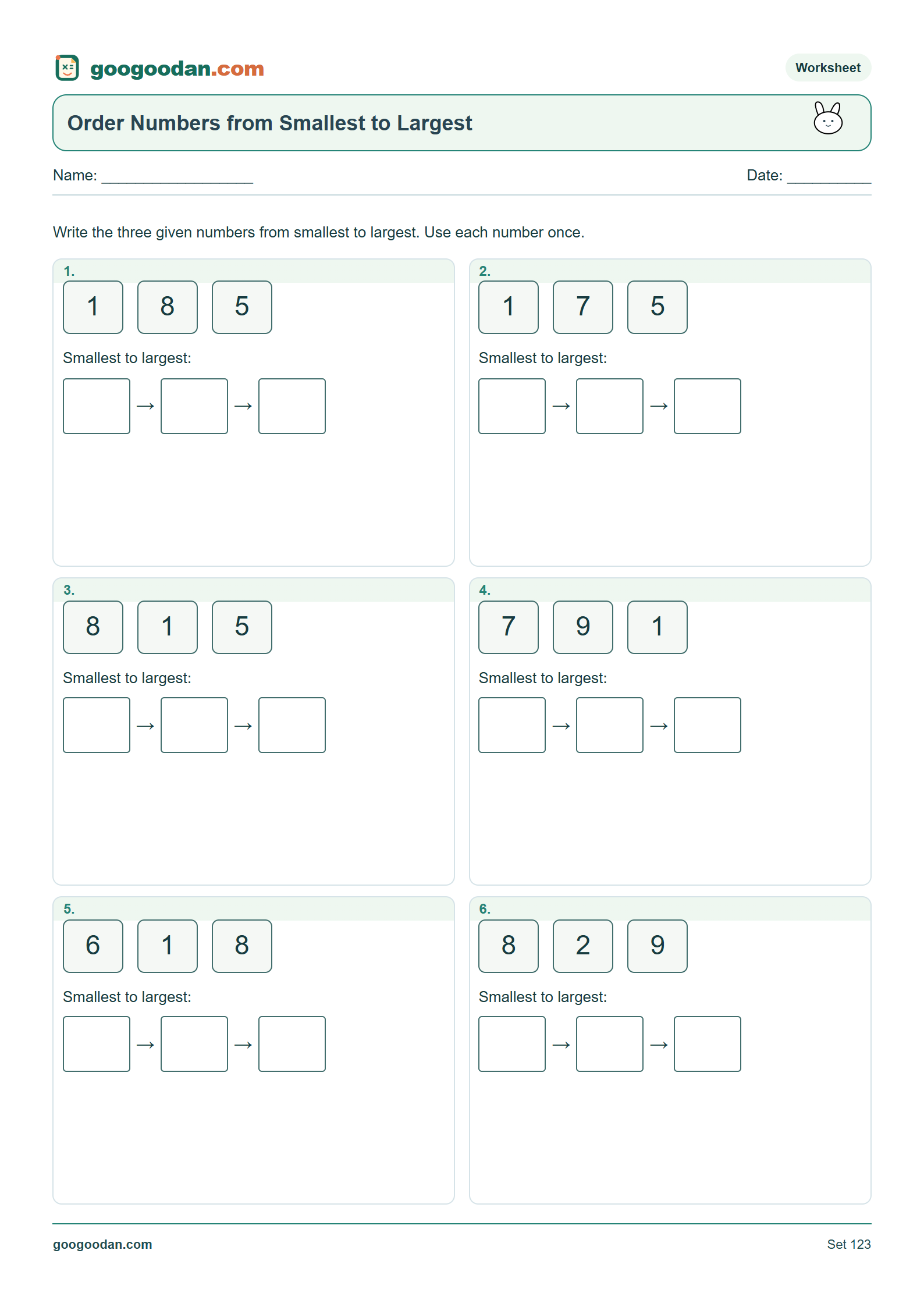 Full printable worksheet preview: Ordering Numbers Worksheets for Kindergarten