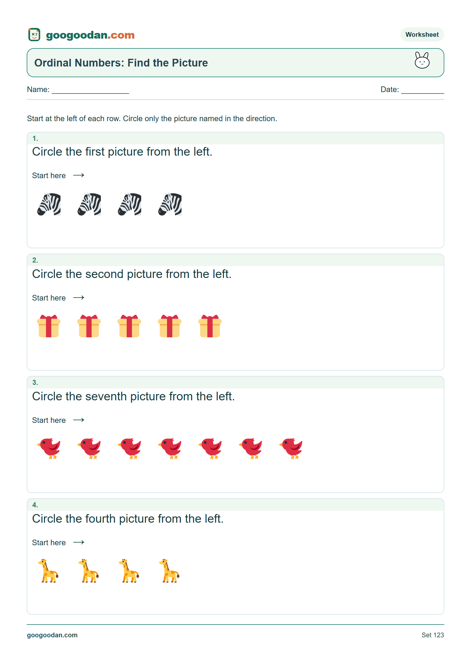 Full printable worksheet preview: Ordinal Number Worksheets for Kindergarten