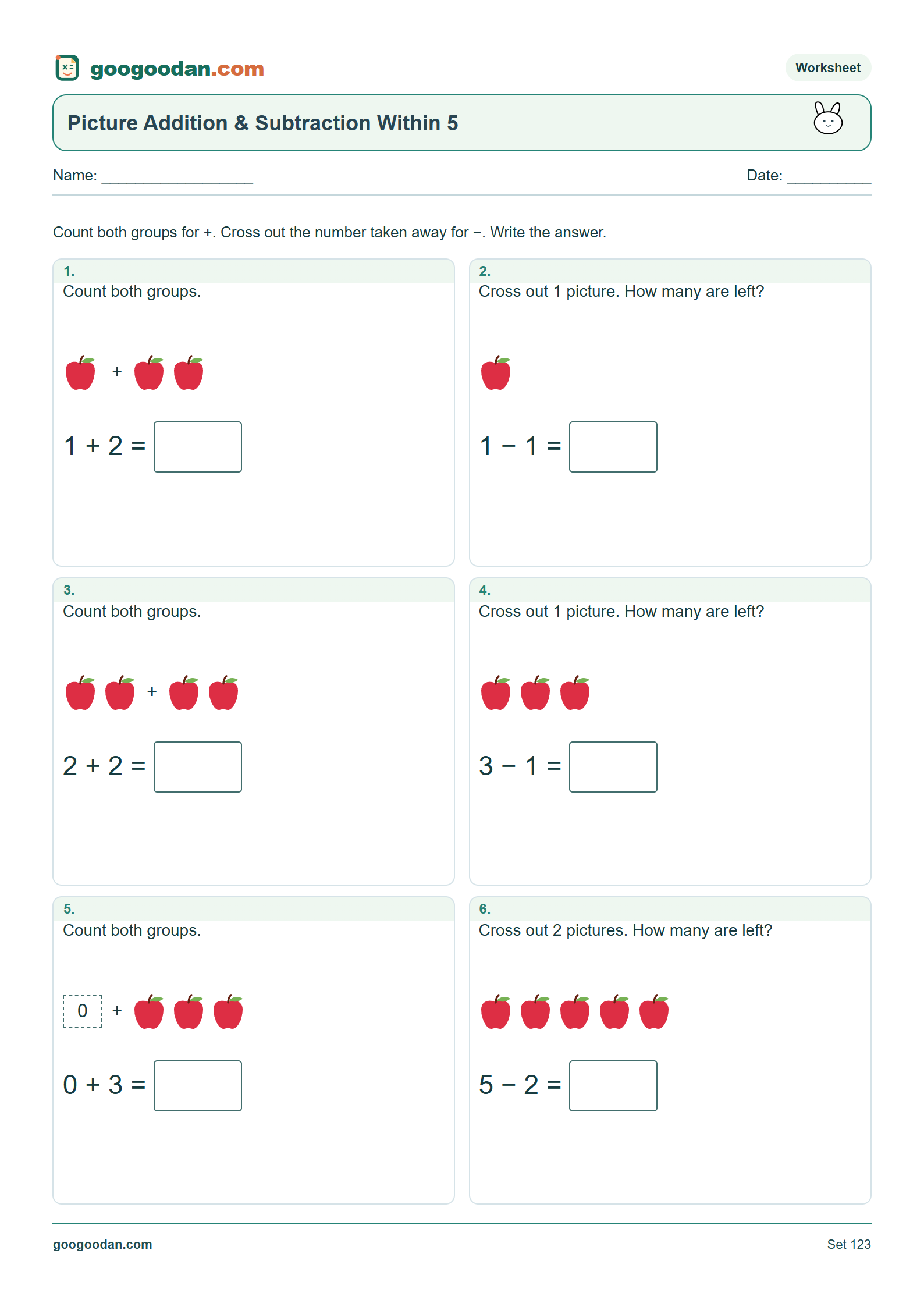 Full printable worksheet preview: Kindergarten Addition and Subtraction Within 5