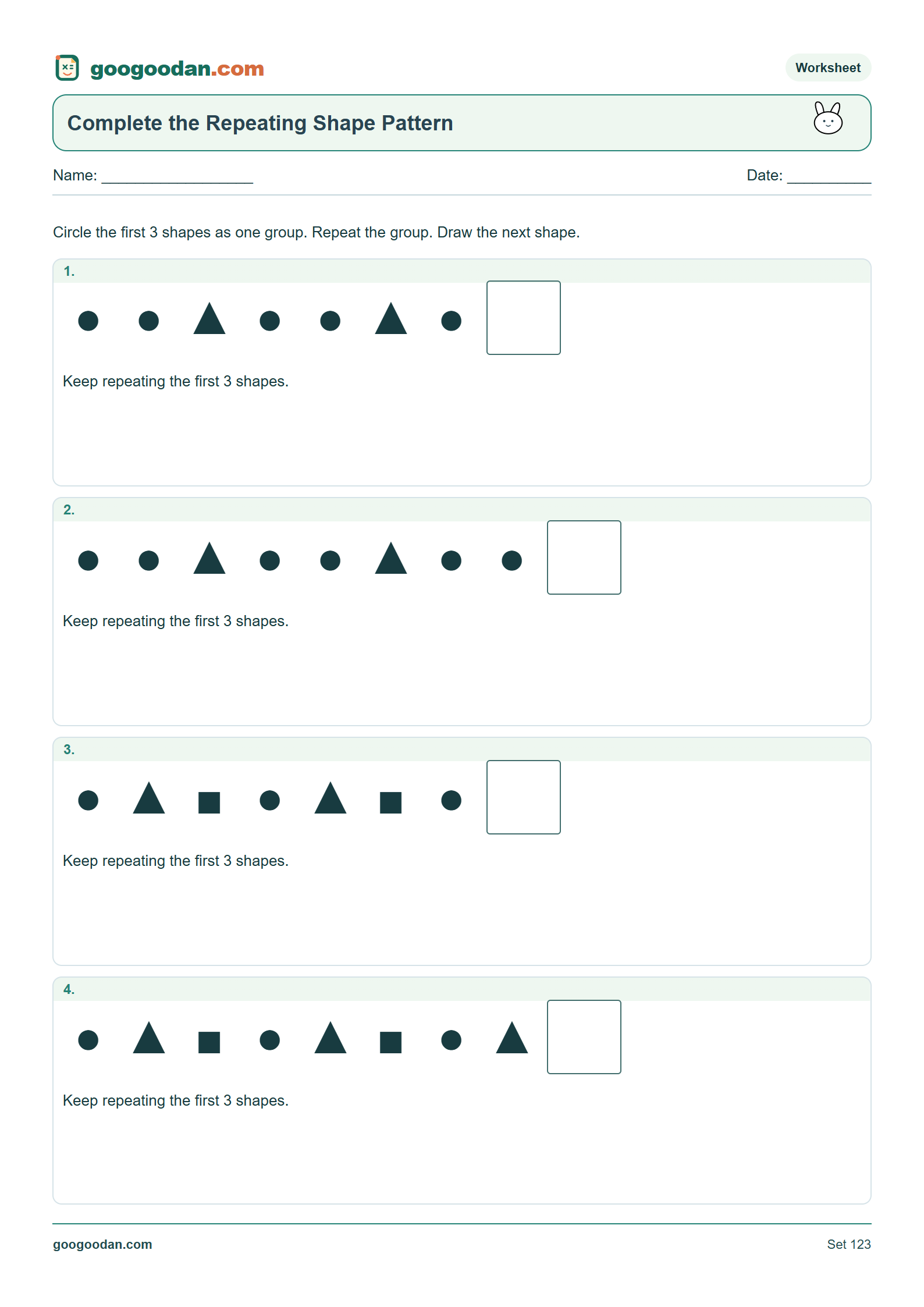 Full printable worksheet preview: Repeating Shape Patterns Worksheets for Kindergarten