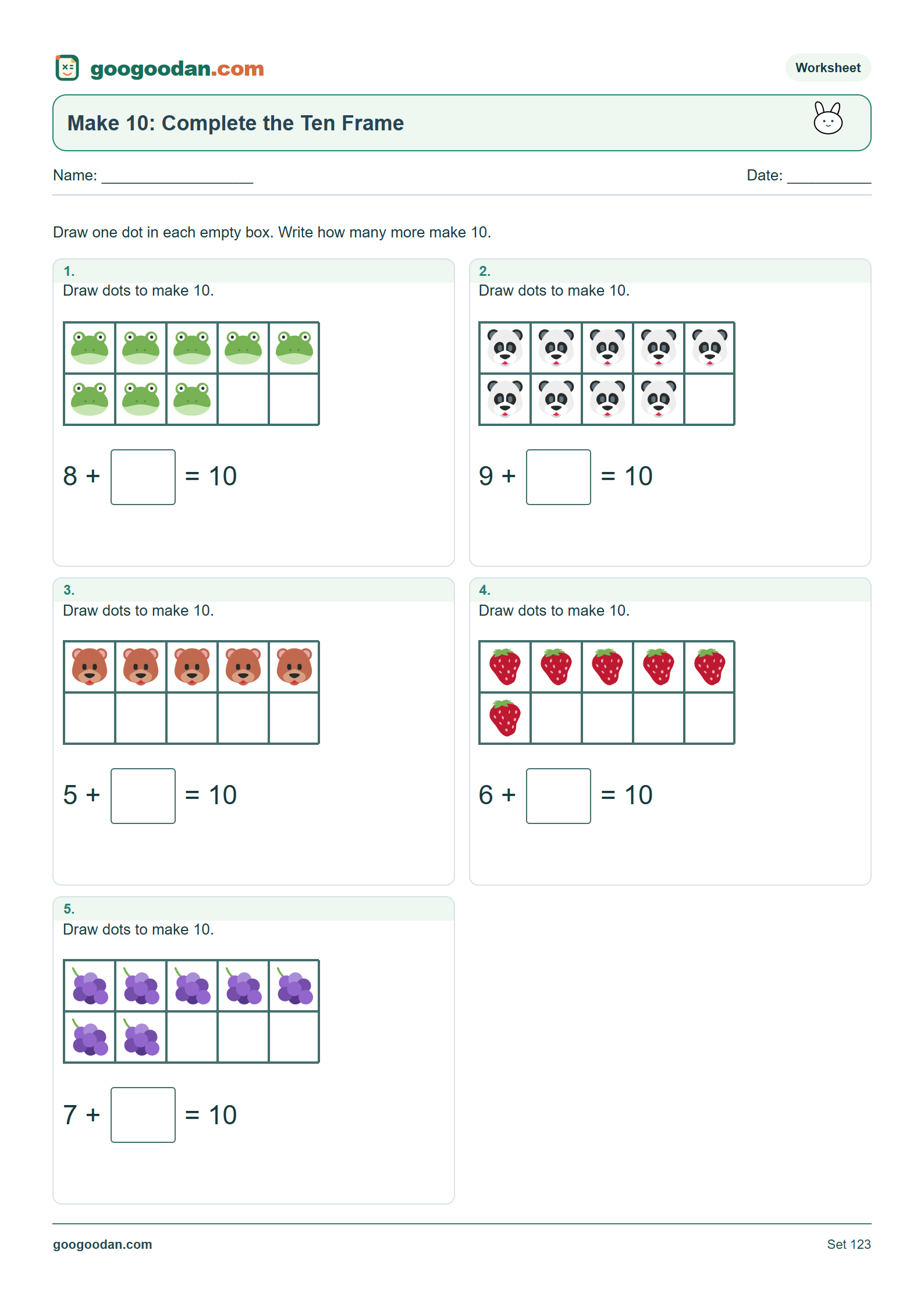 Full printable worksheet preview: Making 10 with Ten Frames Worksheets