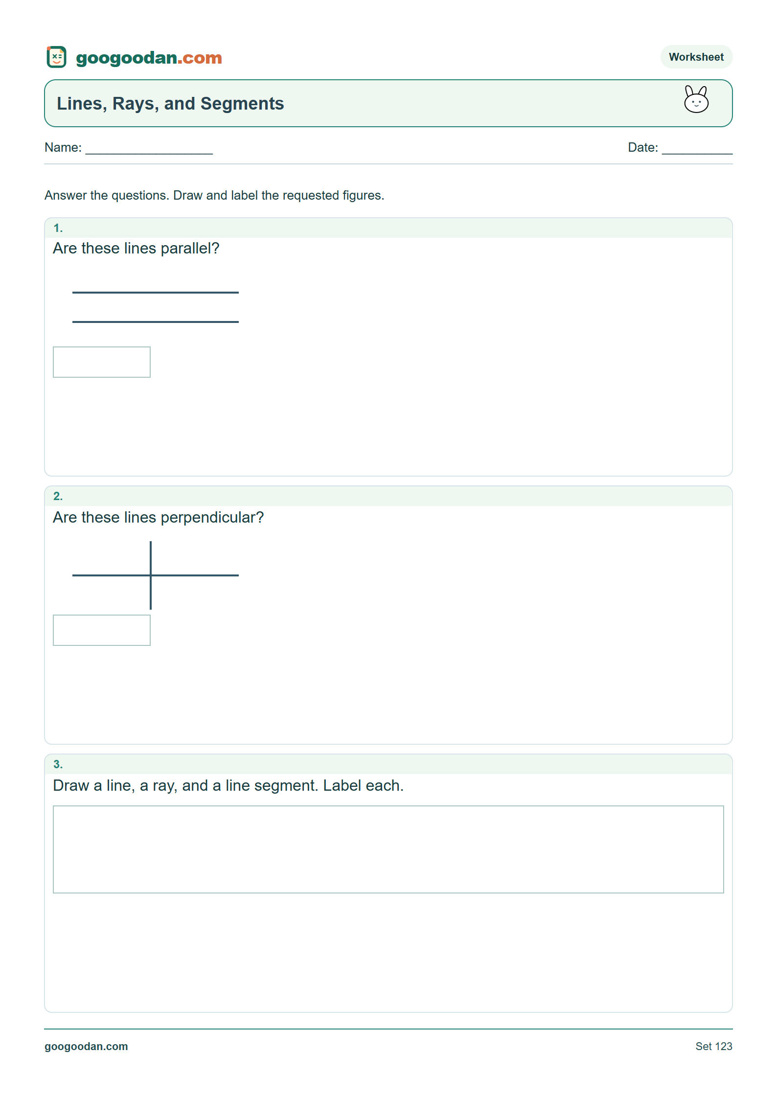 Full printable worksheet preview: Lines, Rays, and Segments