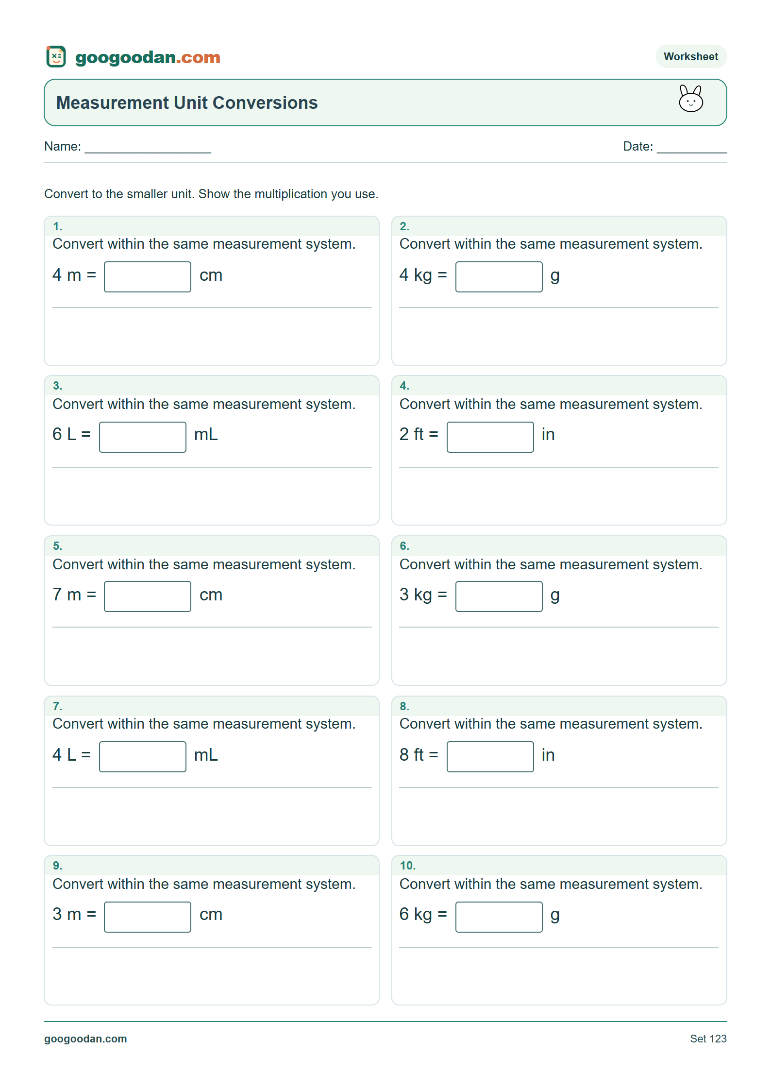Full printable worksheet preview: Measurement Unit Conversions