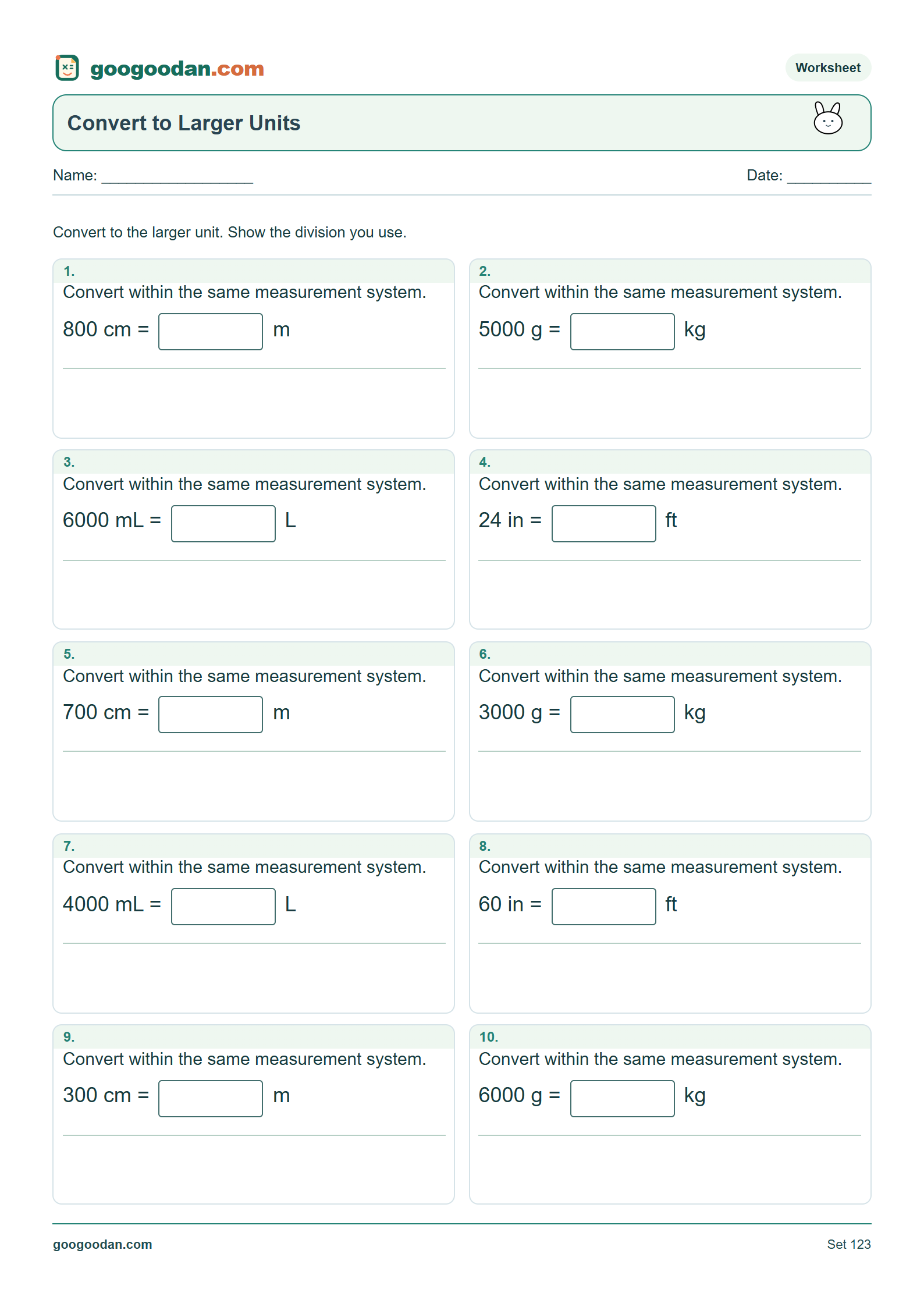 Full printable worksheet preview: Convert to Larger Units
