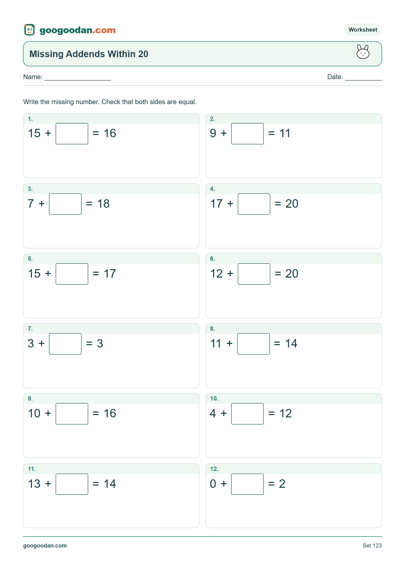 Full printable worksheet preview: Missing Addend Worksheets Within 20