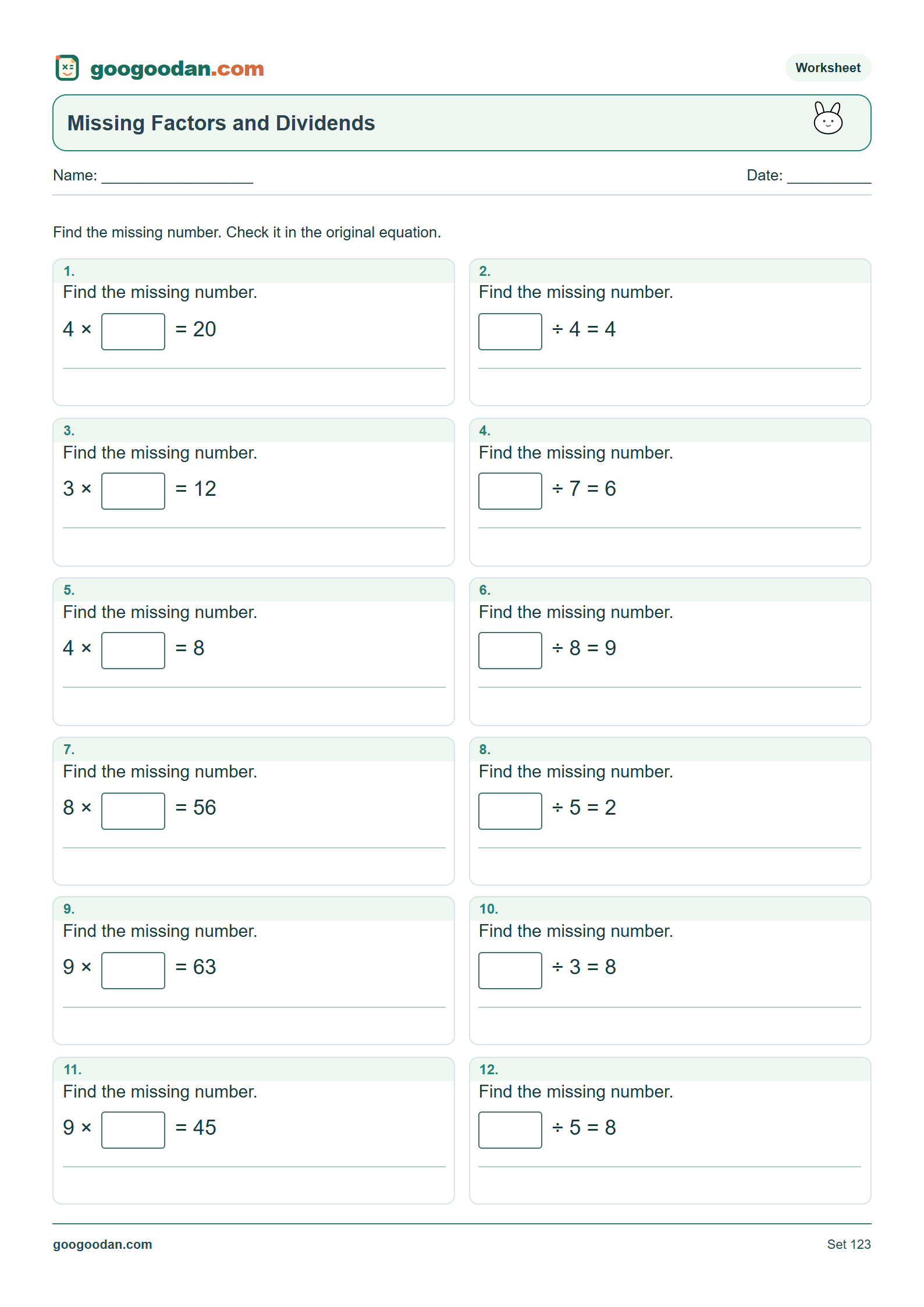 Full printable worksheet preview: Missing Factors and Dividends