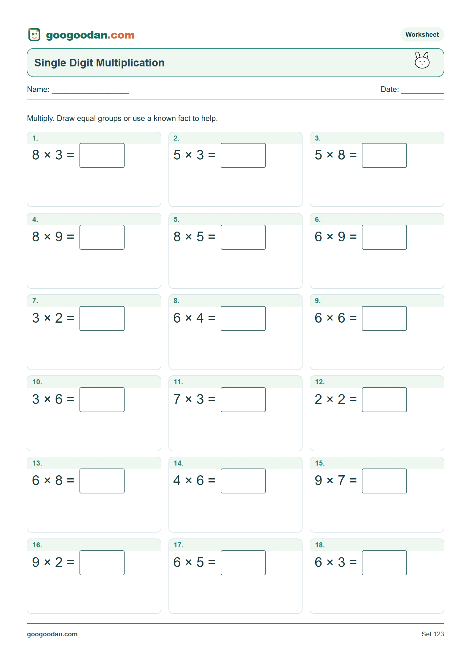 Full printable worksheet preview: Single Digit Multiplication Worksheets