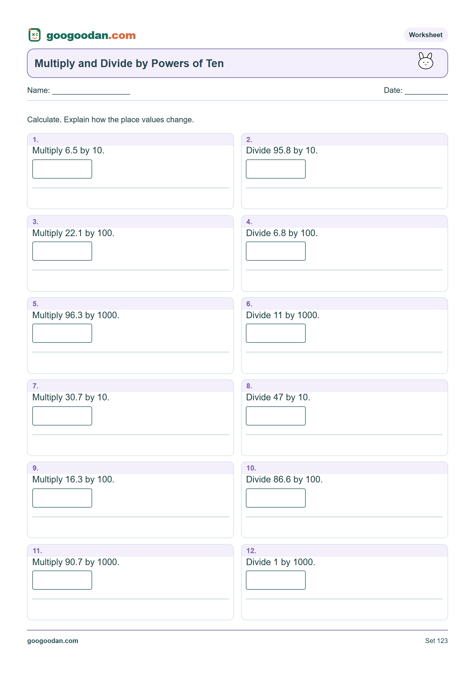 Full printable worksheet preview: Multiply and Divide by 10, 100, and 1,000