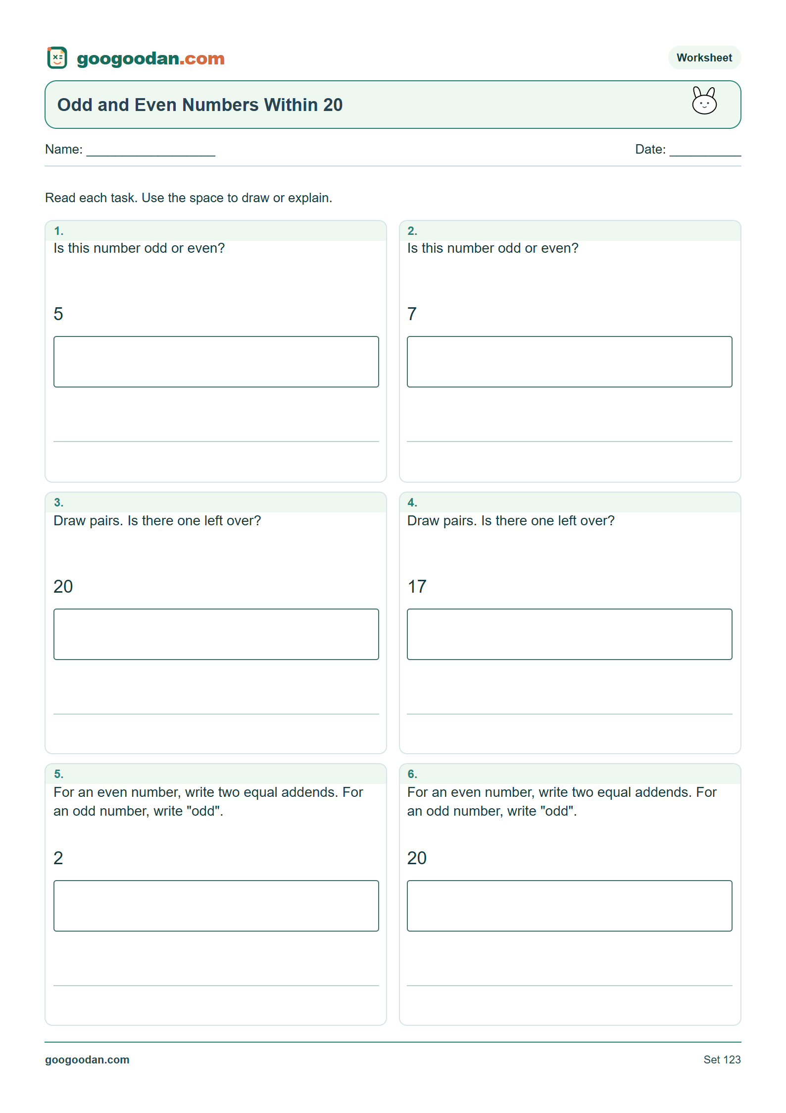 Full printable worksheet preview: Odd and Even Numbers Within 20