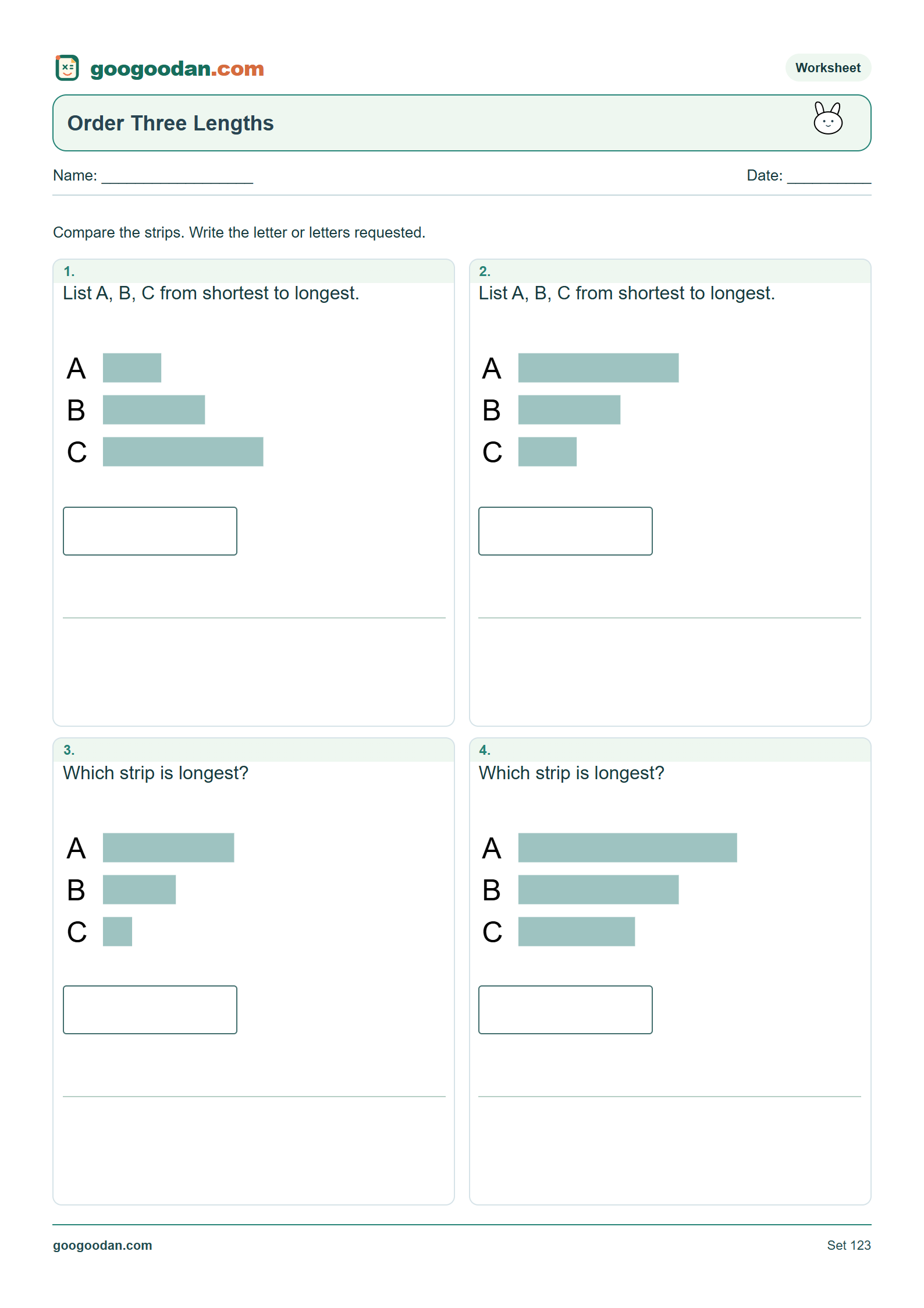 Full printable worksheet preview: Ordering Three Lengths