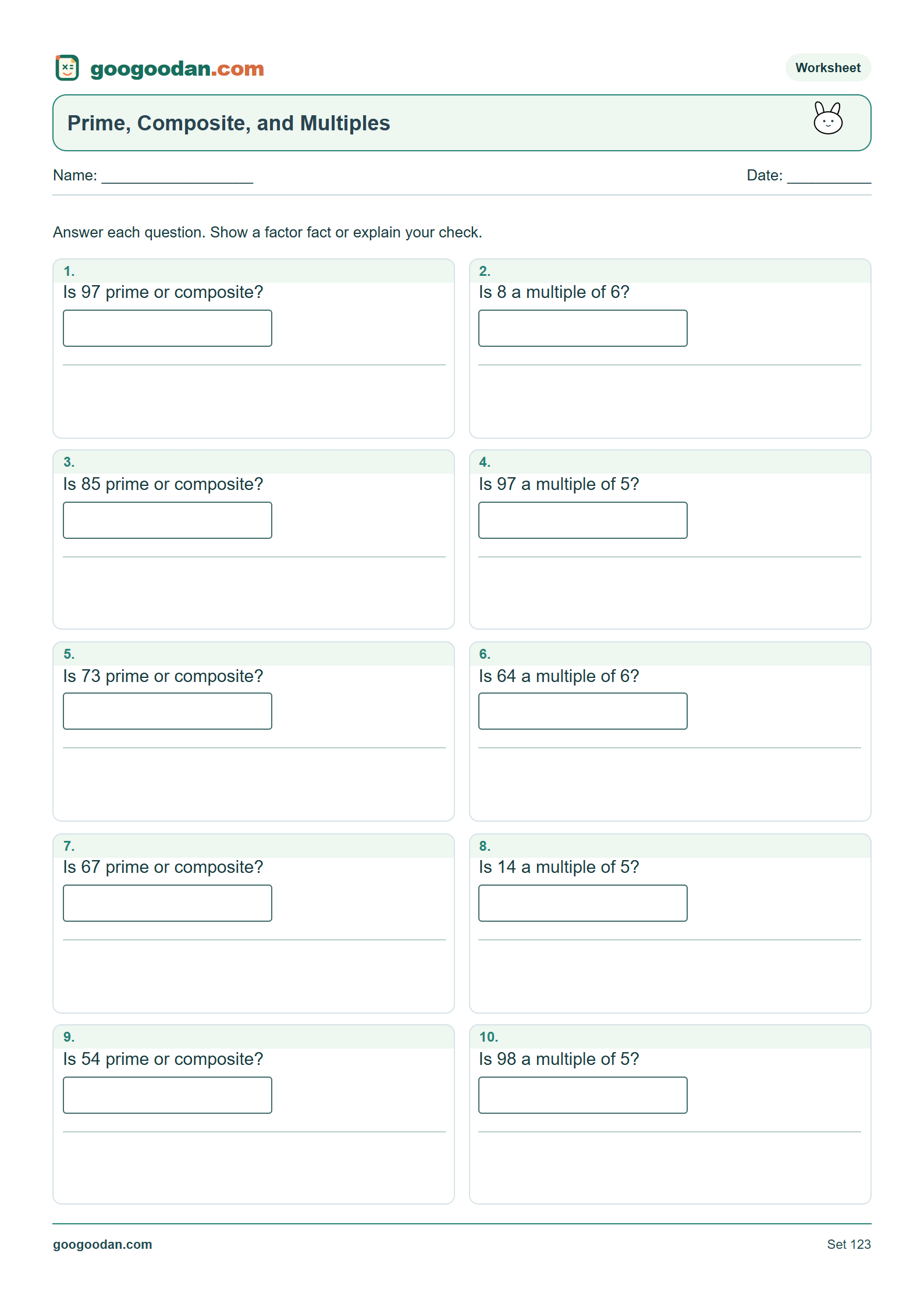 Full printable worksheet preview: Prime, Composite, and Multiples