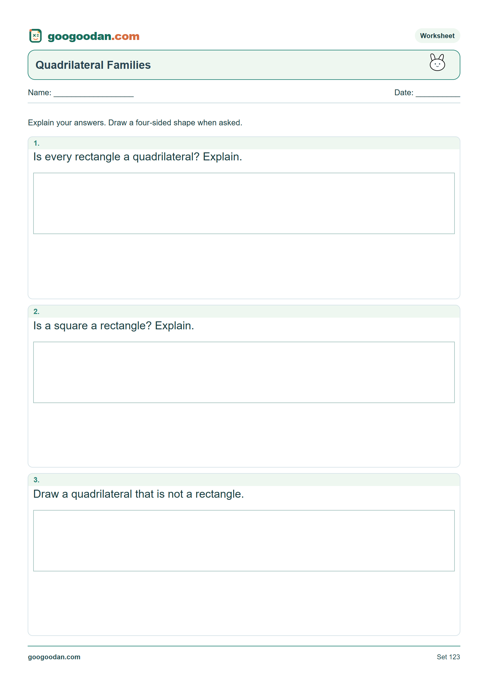 Full printable worksheet preview: Quadrilateral Families