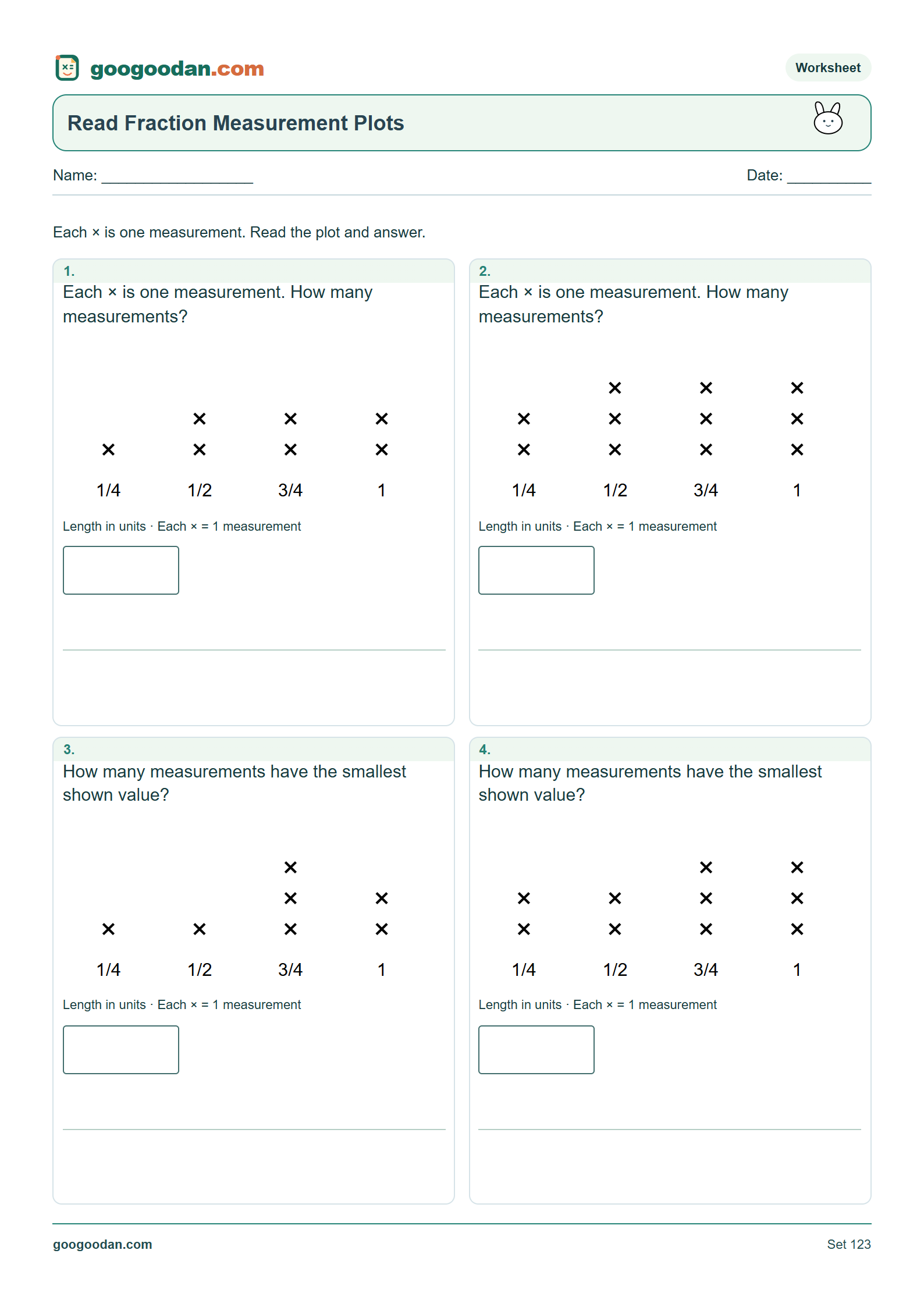 Full printable worksheet preview: Read Fraction Measurement Plots