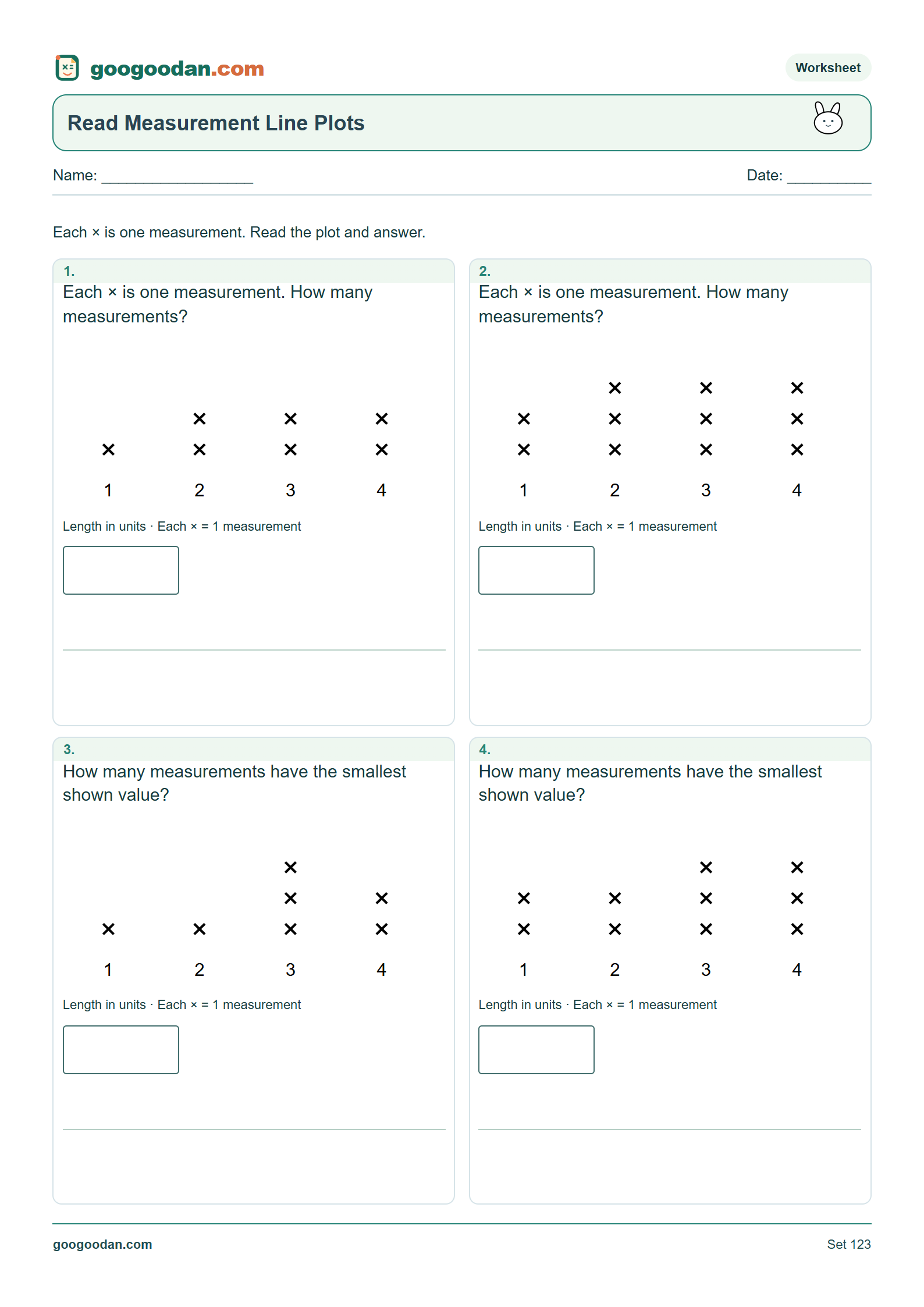 Full printable worksheet preview: Reading Whole-Number Line Plots