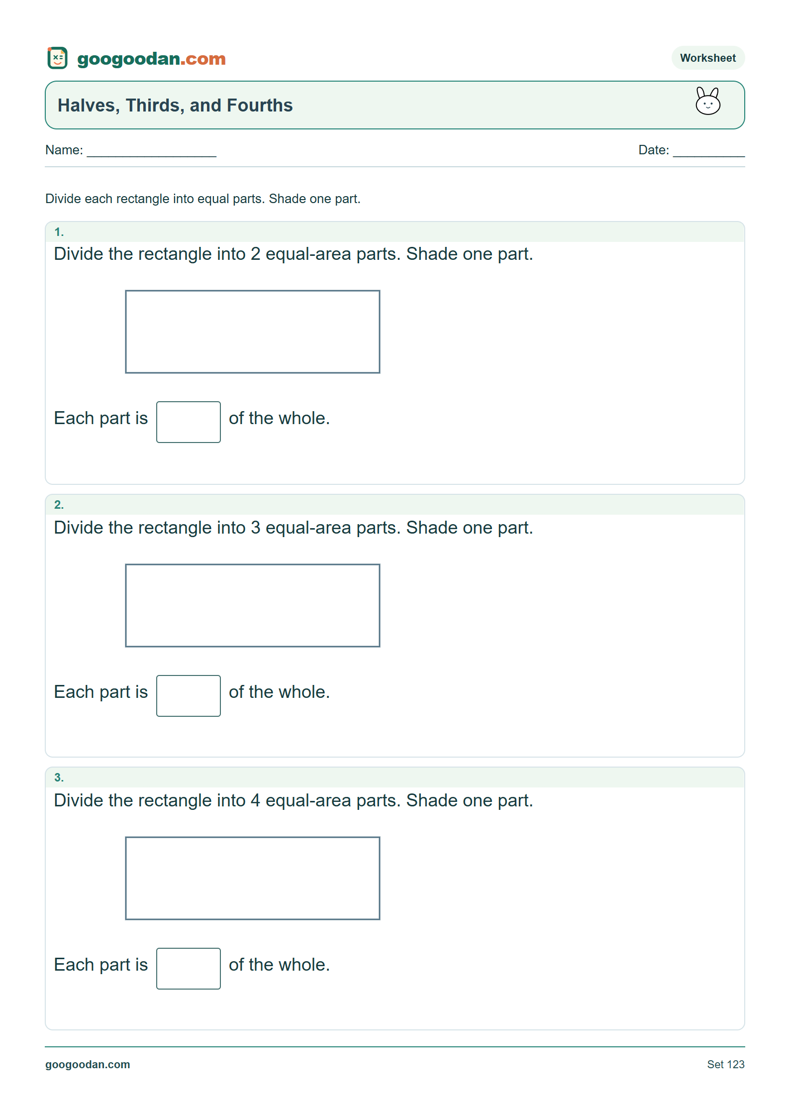 Full printable worksheet preview: Halves, Thirds, and Fourths