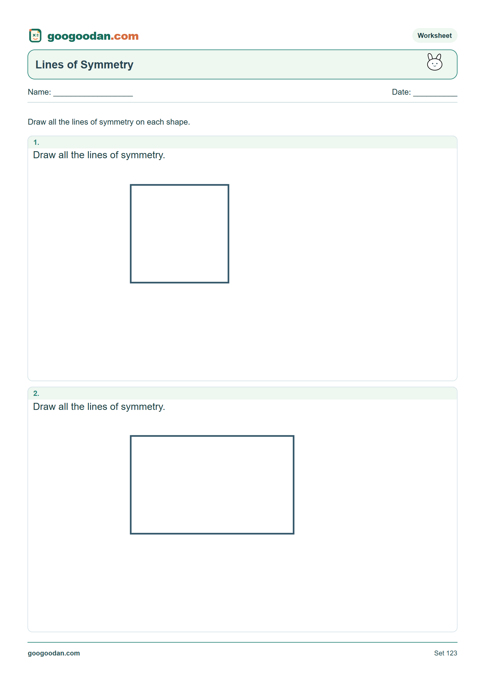Full printable worksheet preview: Square and Rectangle Symmetry