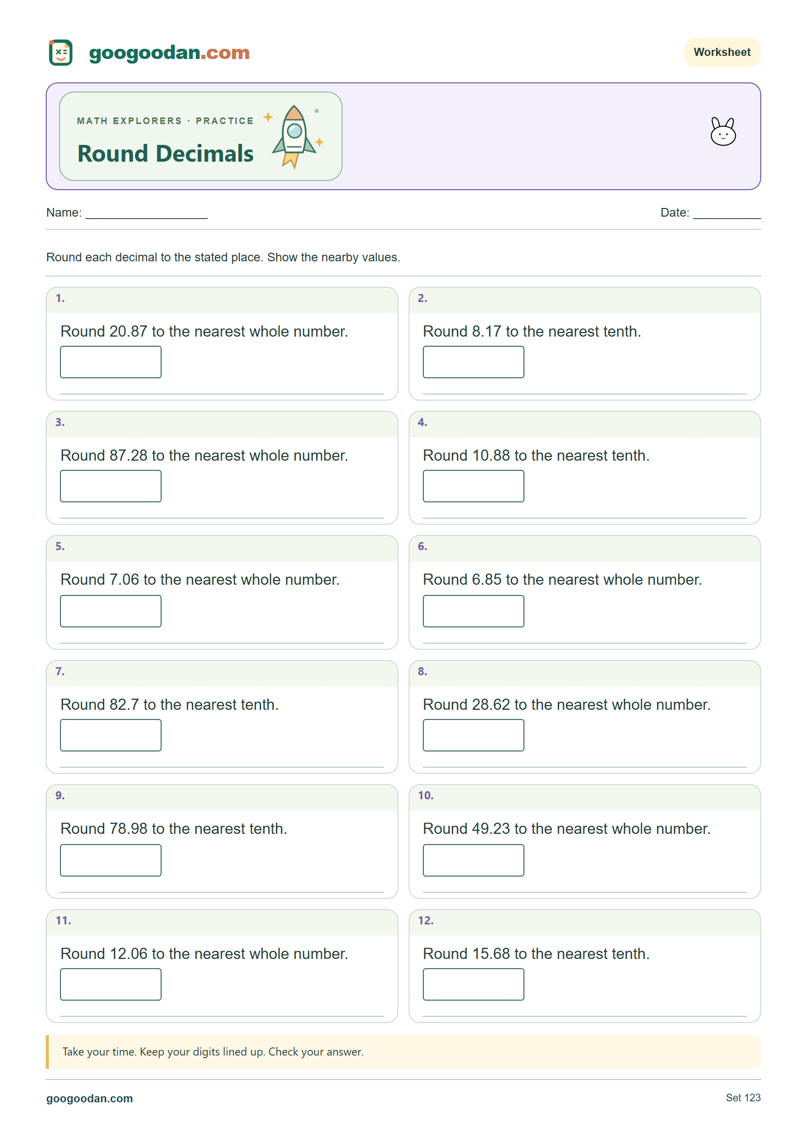 Full printable worksheet preview: Rounding Decimals