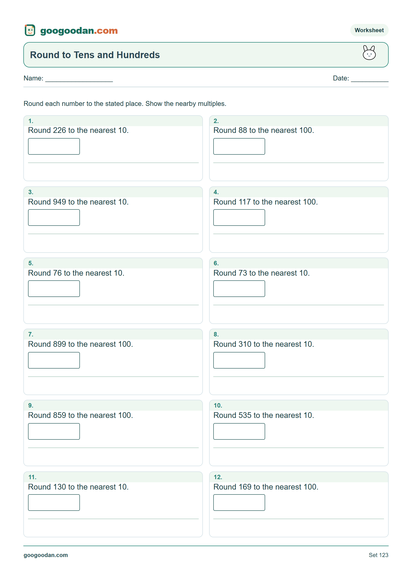 Full printable worksheet preview: Rounding to Tens and Hundreds