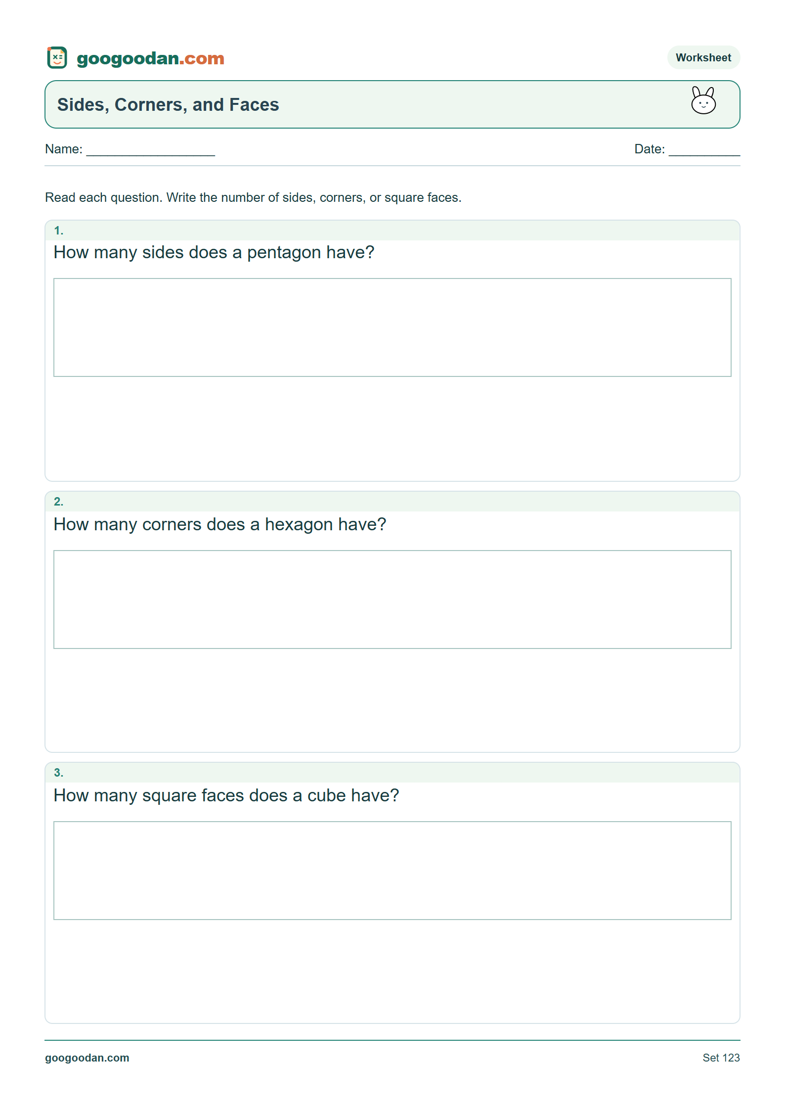 Full printable worksheet preview: Sides, Corners, and Faces