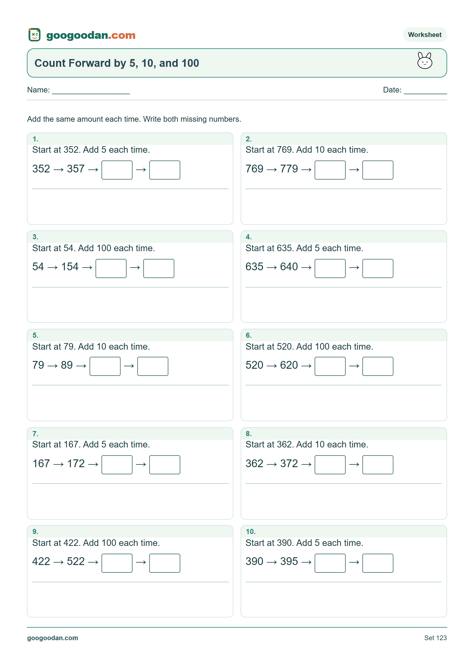 Full printable worksheet preview: Count Forward by 5, 10, and 100