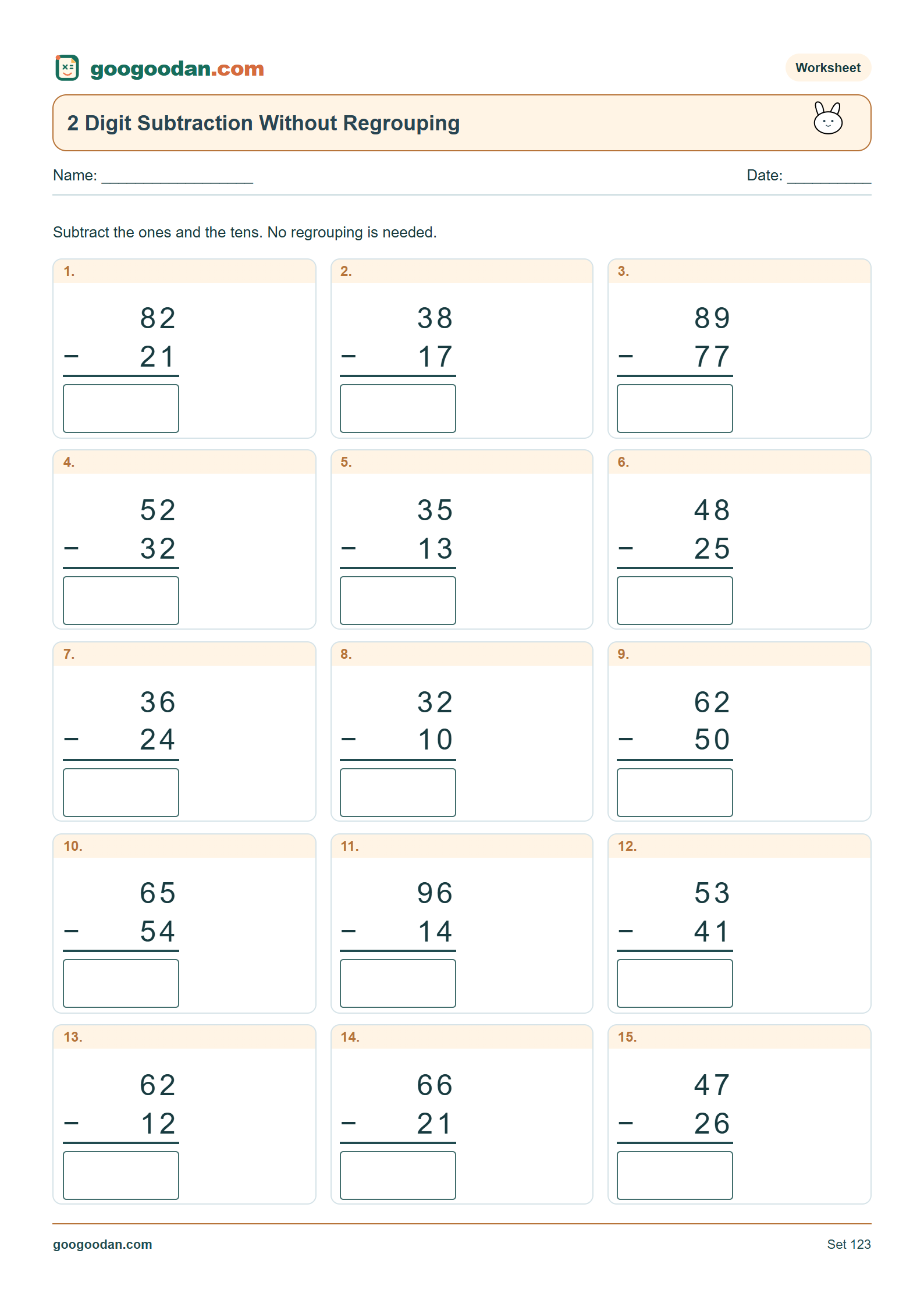 Full printable worksheet preview: 2 Digit Subtraction Without Regrouping