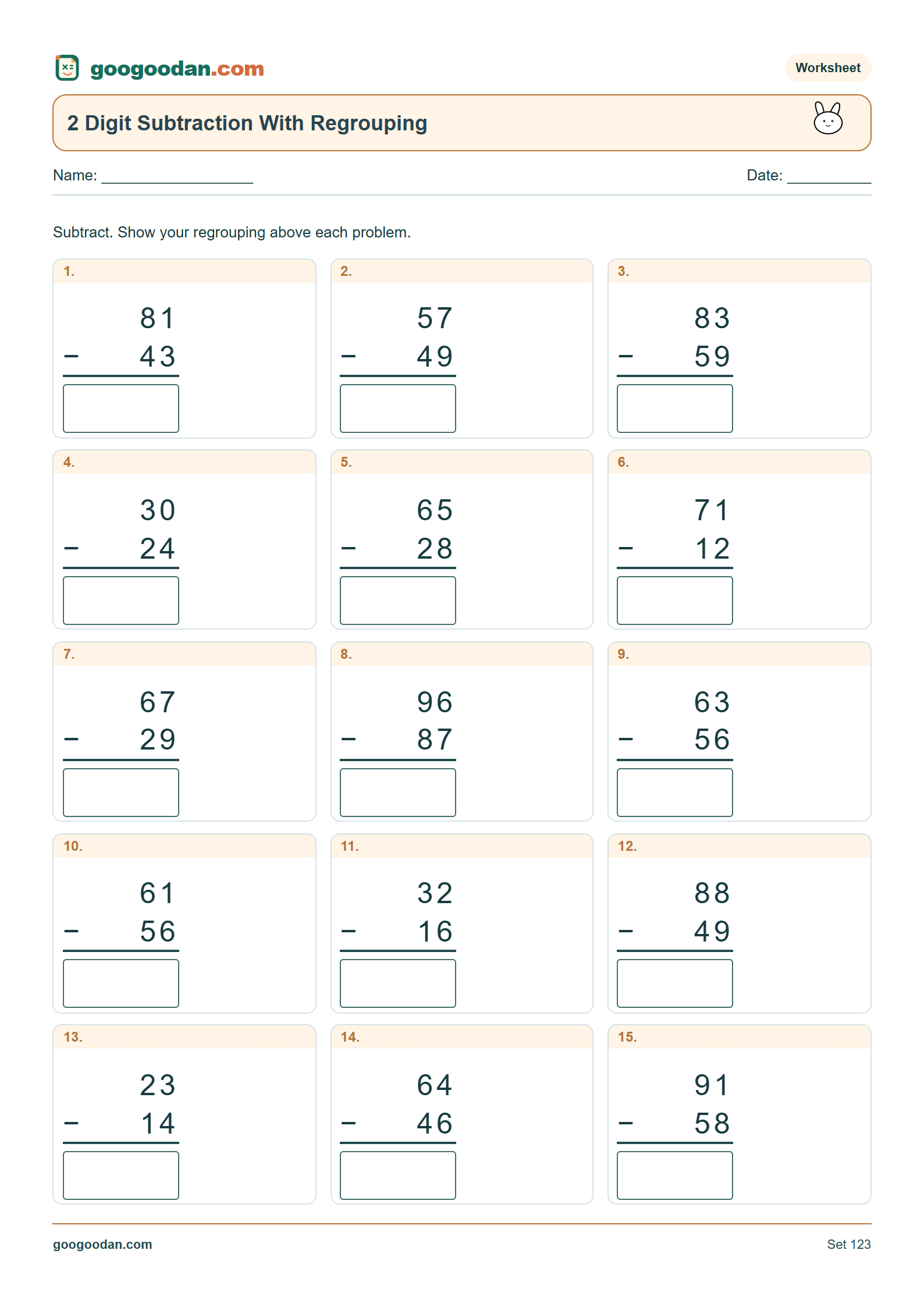 Full printable worksheet preview: 2 Digit Subtraction With Regrouping
