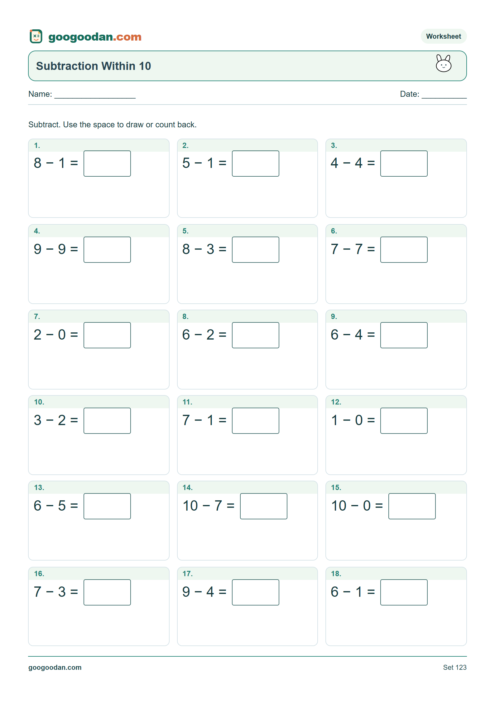 Full printable worksheet preview: Subtraction Within 10